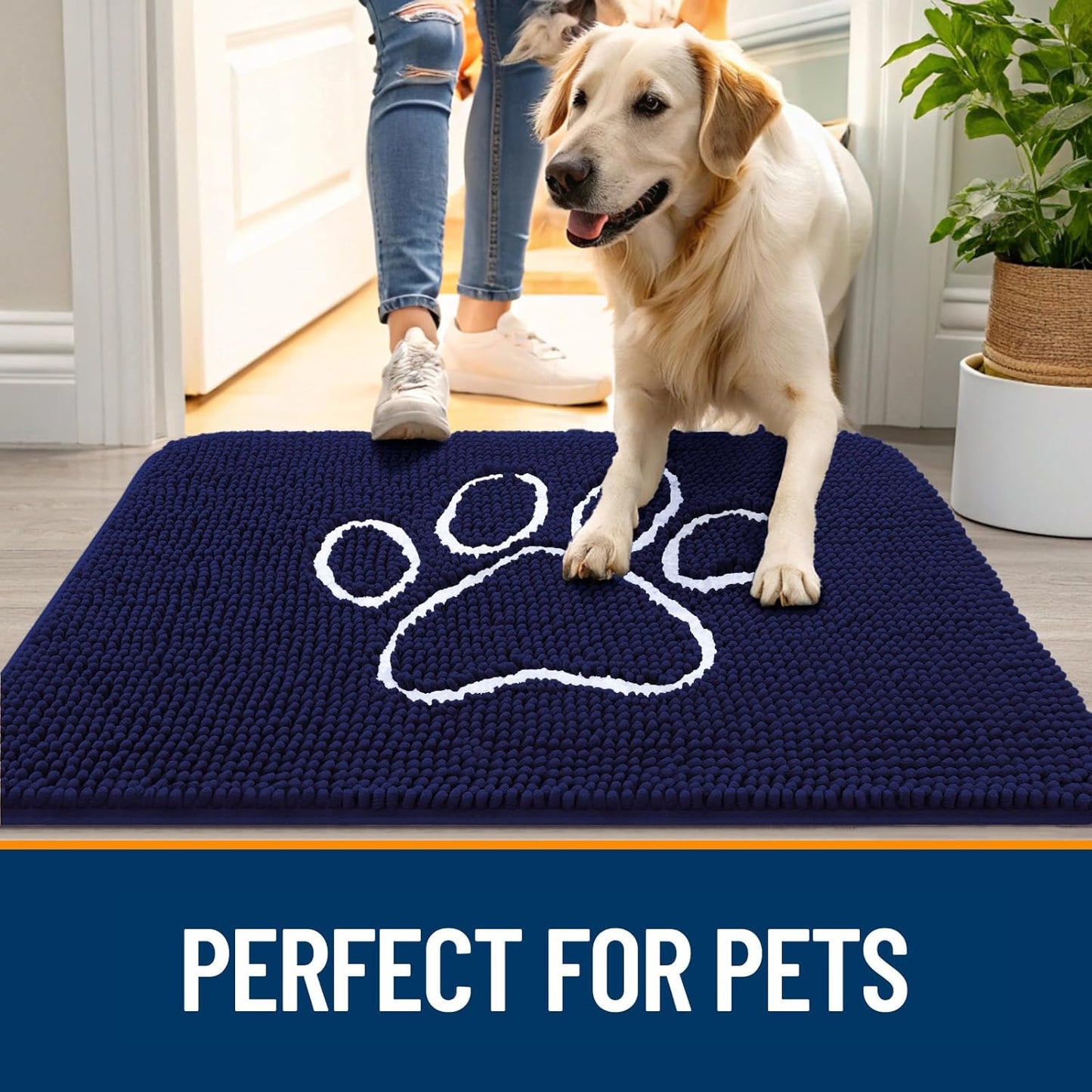 OLANLY Door Mat for Muddy Dog Paws 47x32, Ultra Absorbent Chenille Mud Doormat with Paw Print Design, Non-Slip Washable Doormat for Indoor Entryway, Quick-Dry Pet Bed Mats for Dirty Dogs, Navy Blue