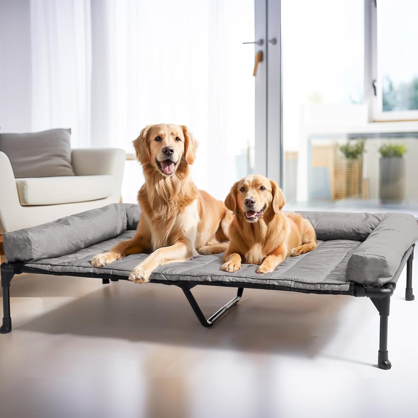 Veehoo Cooling Elevated Dog Bed Add Removable Waterproof Bolster Cushion Mat, Raised Pet Cot with Breathable Teslin Mesh, No-Slip Feet, Dog Couch Bed for Indoor Outdoor, 59x37.5inches, Grey, CWC2331B