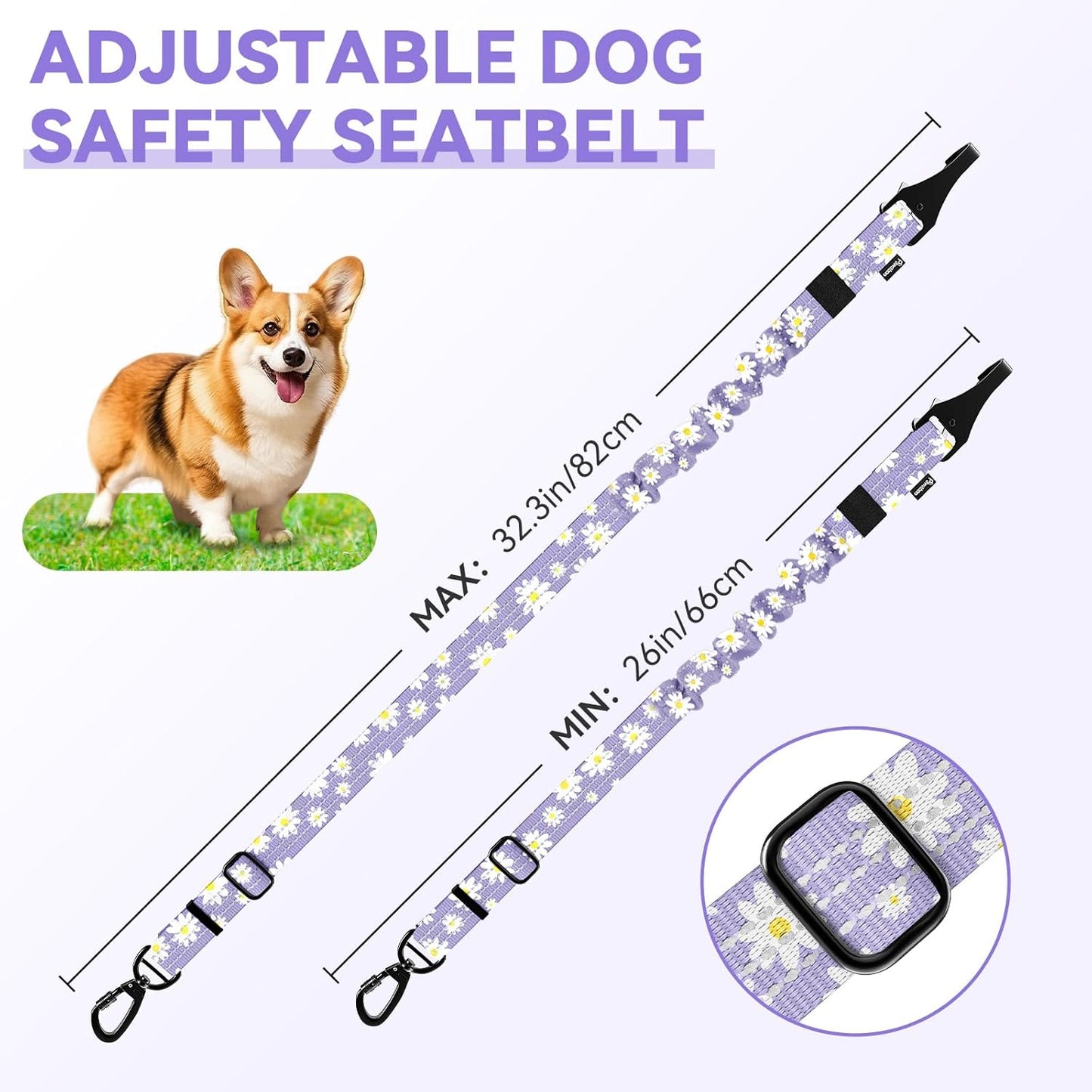 Pawaboo 2Pack Dog Seatbelt for Car, 3-in-1 Dog Car Seat Belt Bungee, Dogs Tether for Cars with Buckle & Hook Latch, Adjustable Reflective Dogs Cars Harness Leash with 360° Lockable Buckle,Light Purple