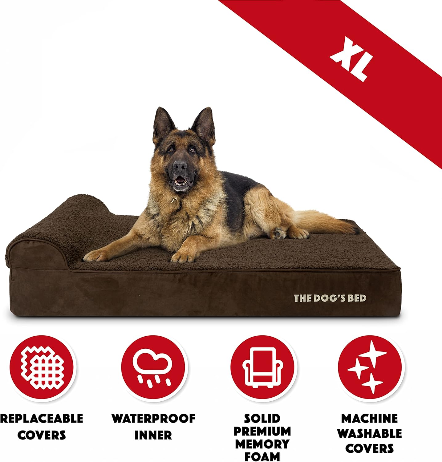The Dog’s Bed Orthopedic Headrest Dog Bed XL Brown Plush 46x28, Memory Foam, Pain Relief for Arthritis, Hip & Elbow Dysplasia, Post Surgery, Lameness, Veterinary Approved, Waterproof Washable Cover