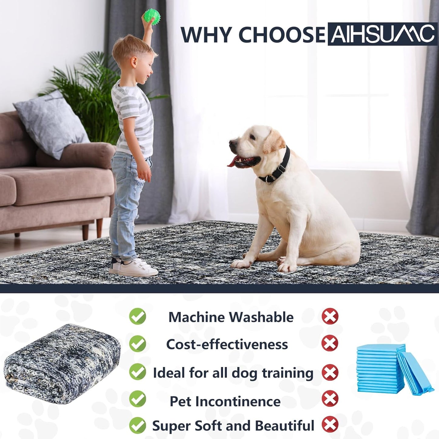 Extra Large Washable Pee Pads for Dogs (72"x72"), Upgrade Reusable Puppy Pads with Non-Slip Rug Pad, Super Thickening Absorbent Leakproof Dog Traning Pads Whelping Pad for Dogs, Doggie