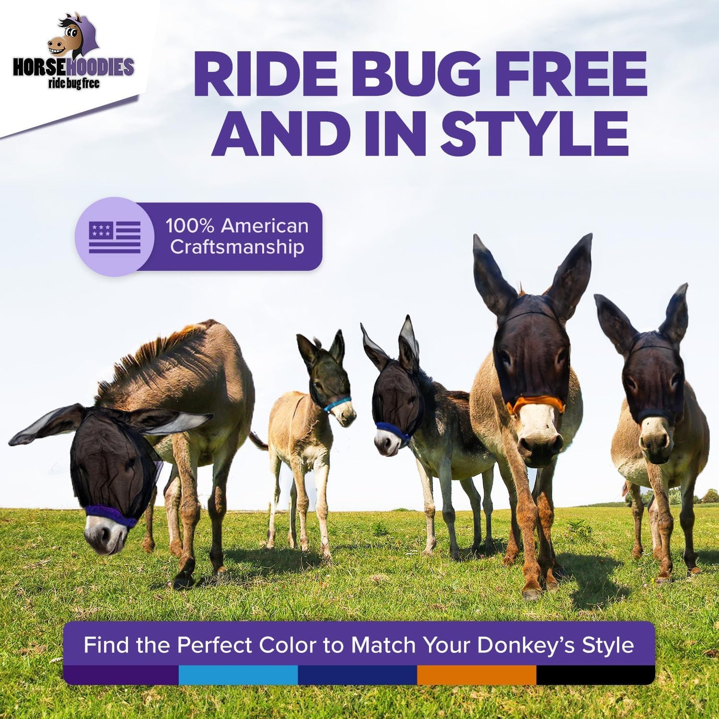 Donkey Fly Mask with Long Ears (Orange) Made in USA - Mule Fly Mask with Ears Protection from Insects and Bugs, Mini Donkey Soft Mesh Fabric with Adjustable Fastener, Face Cover Supplies for Donkeys