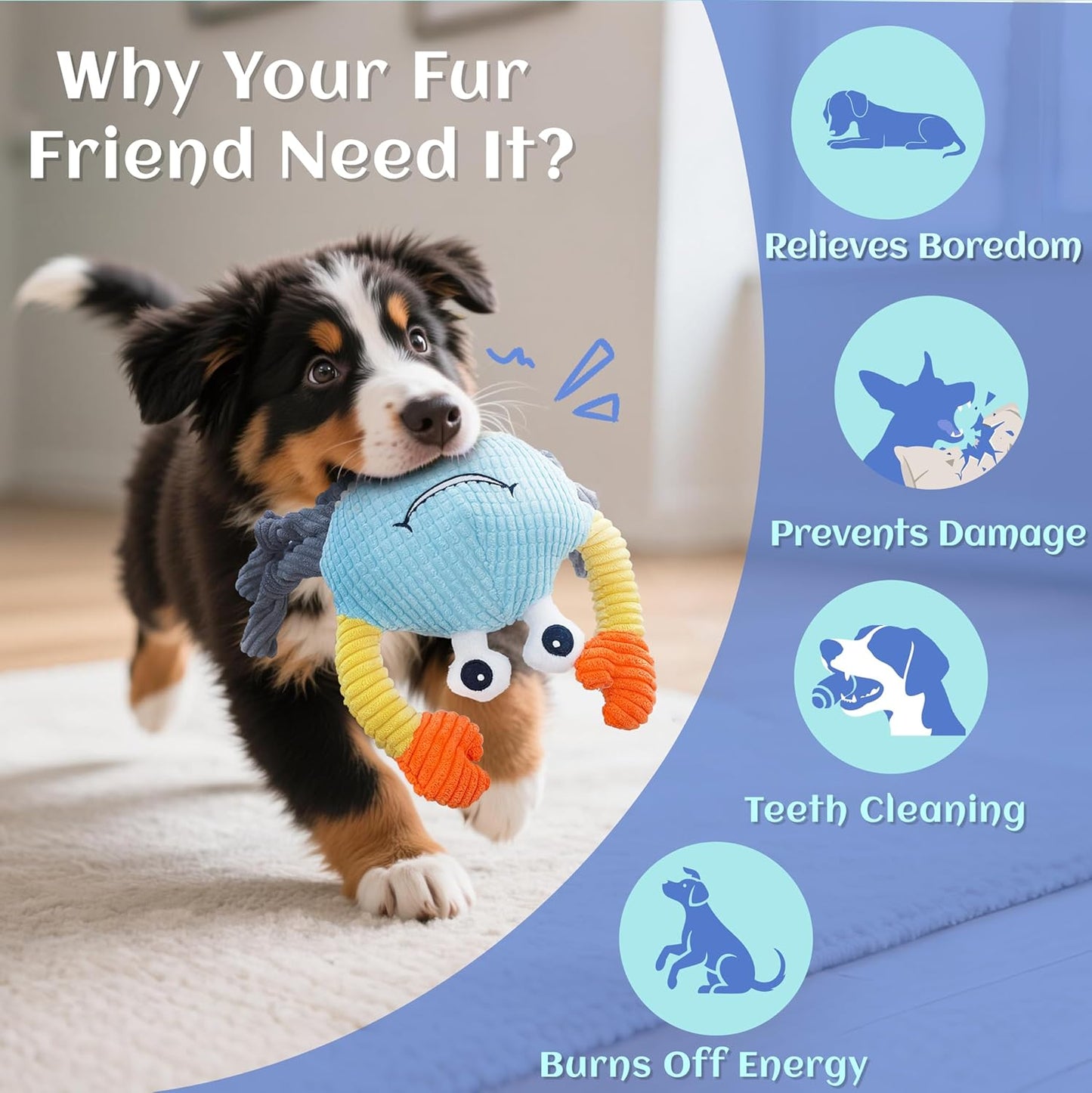 Dog Toys for Aggressive Chewers – 3-in-1 Squeaky Interactive Chew Toy with Spiky Ball for Small, Medium & Large Dog, Pet Plush Toys(Bouncing Ball Not Included)