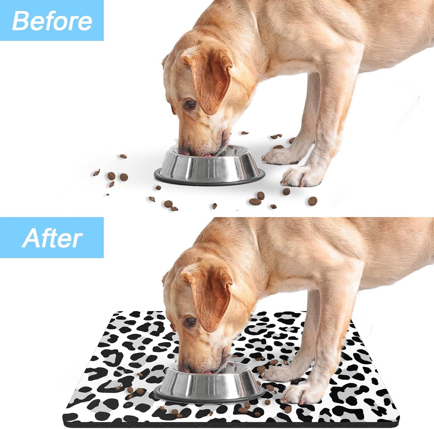 Rnivvi Dog Food Mat, 16" x 24" Leopard Absorbent Dog Cat Bowl Mat for Food and Water, Cute Anti-Slip Rubber Pet Feeding Rug Protect Floors, Puppy Placemat for Feeding & Watering Supplies, Leopard