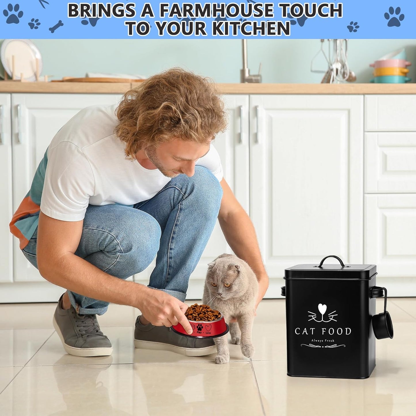 Meraki Home Farmhouse Cat Food and Treats Containers + Feed Scoop + Pet Food Bowl - Tight Lids - Large Metal Storage Bin - Great Gift for Cute Pets (Matte Black)