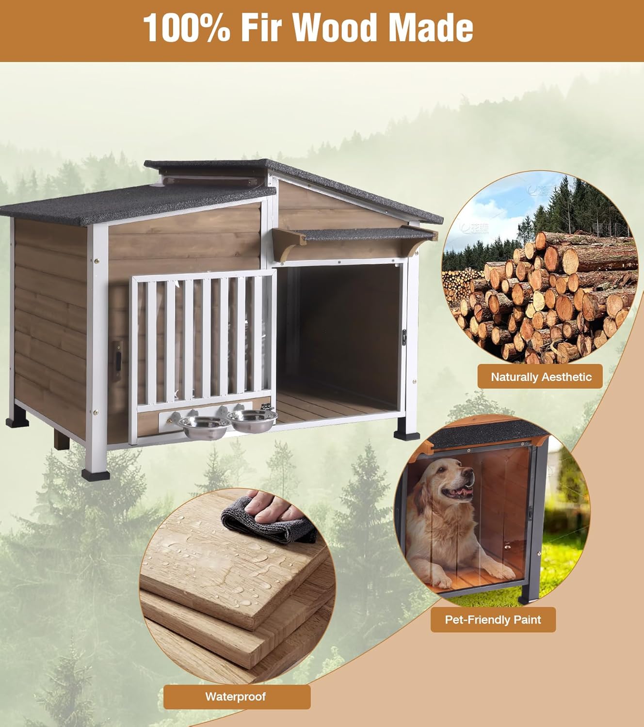 GUTINNEEN Dog House Outdoor with Anti-Chewing Metal Frame, Wooden Dog Kennel with 360Β° Rotating Feeding Bowl, Weatherproof Roof, for Indoor & Outdoor Use - Brown