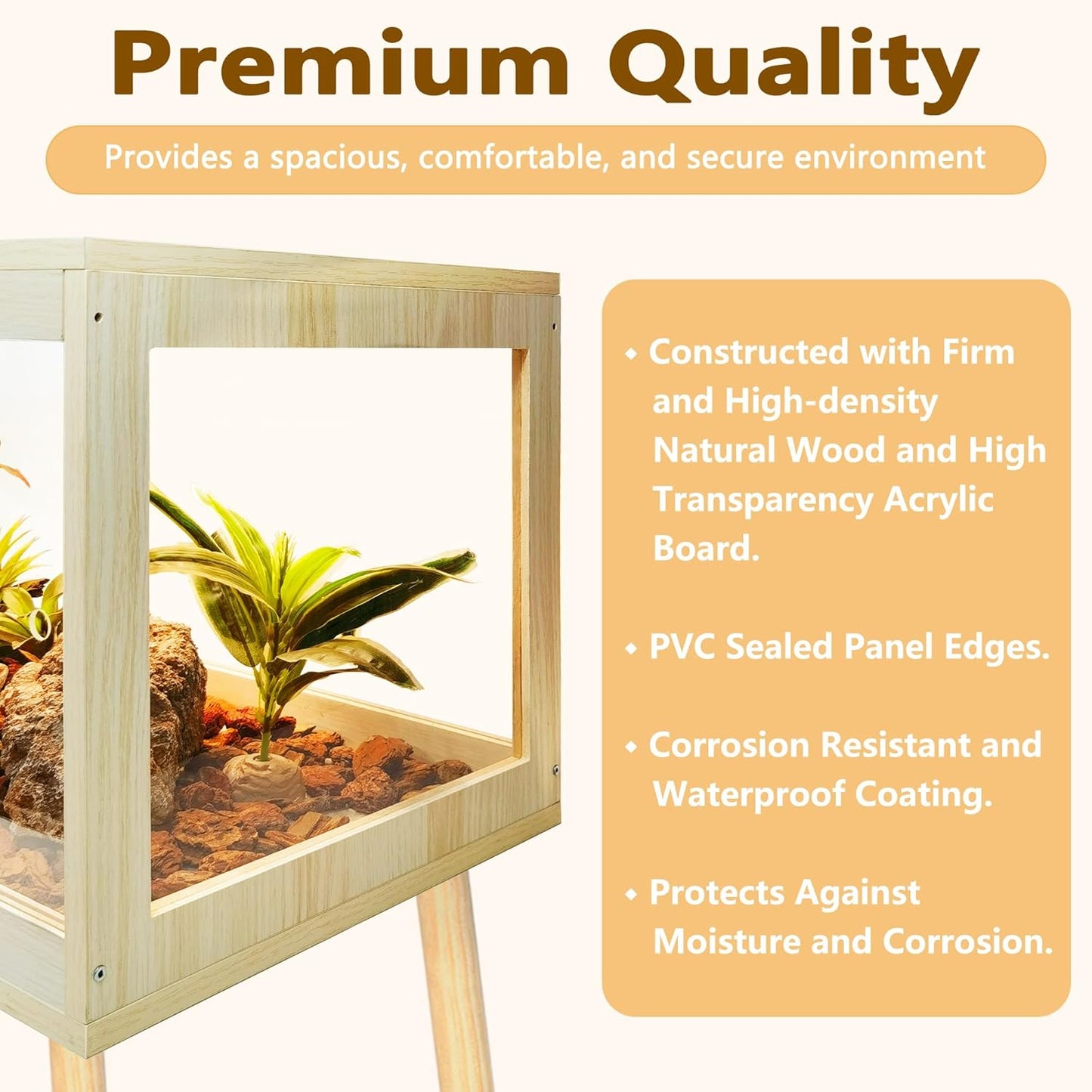 Bearded Dragon Tank with Legs Up to 77 Gallons, Tortoise Habitat with Metal Mesh Top, Reptile Enclosure Lockable Design, Snake Tank (Oak, 62 Gallon, 40" L x 20" W x 47.6" H)