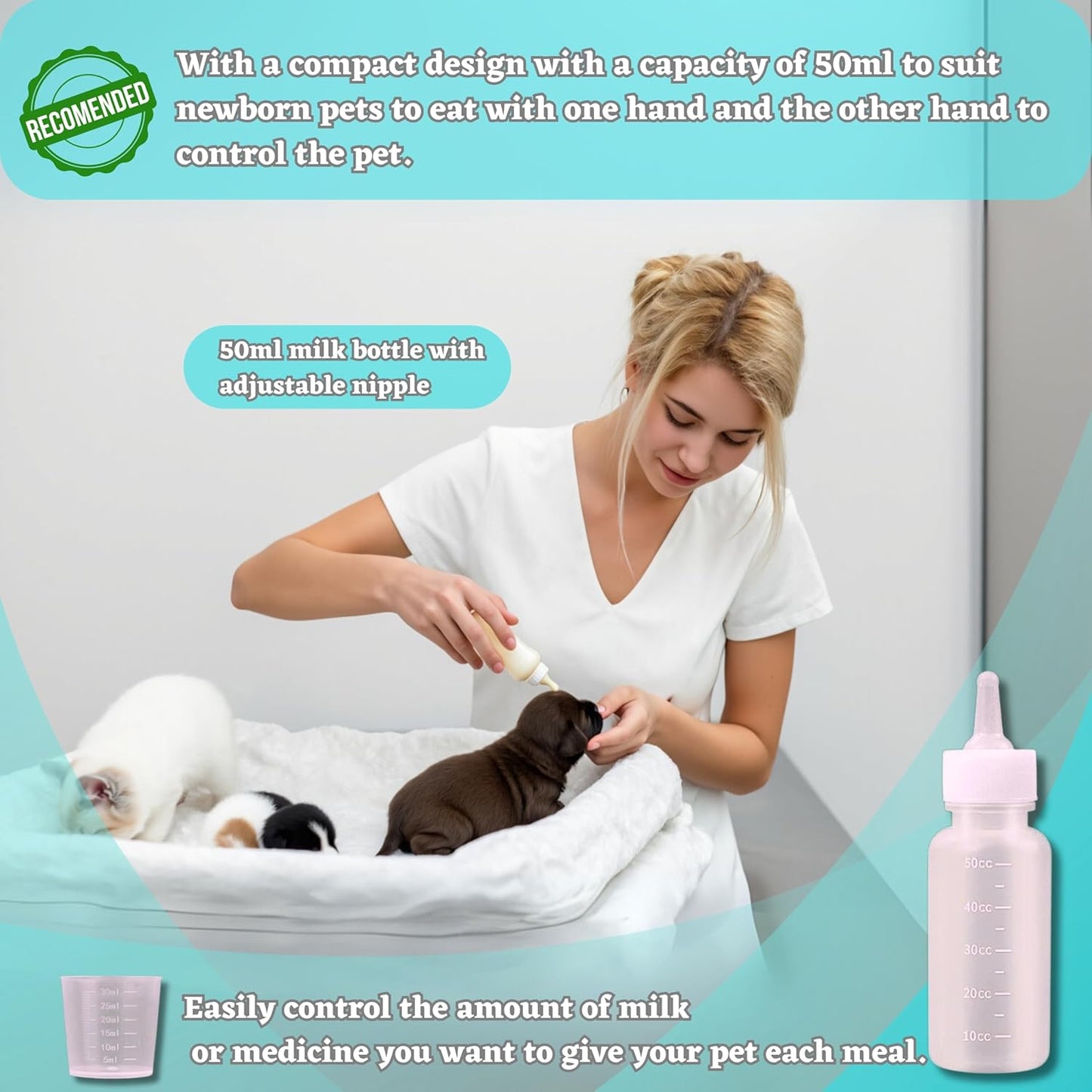 Newborn & Senior Pet Feeding Kit, Kitten/Puppy Bottle (50ml), Syringe with Silicone Nipple, Oral Dosing Syringe, Soft BPA-Free Nipples, Medicine Dispenser & Travel Case for Cats Dogs Rabbits Squirrels