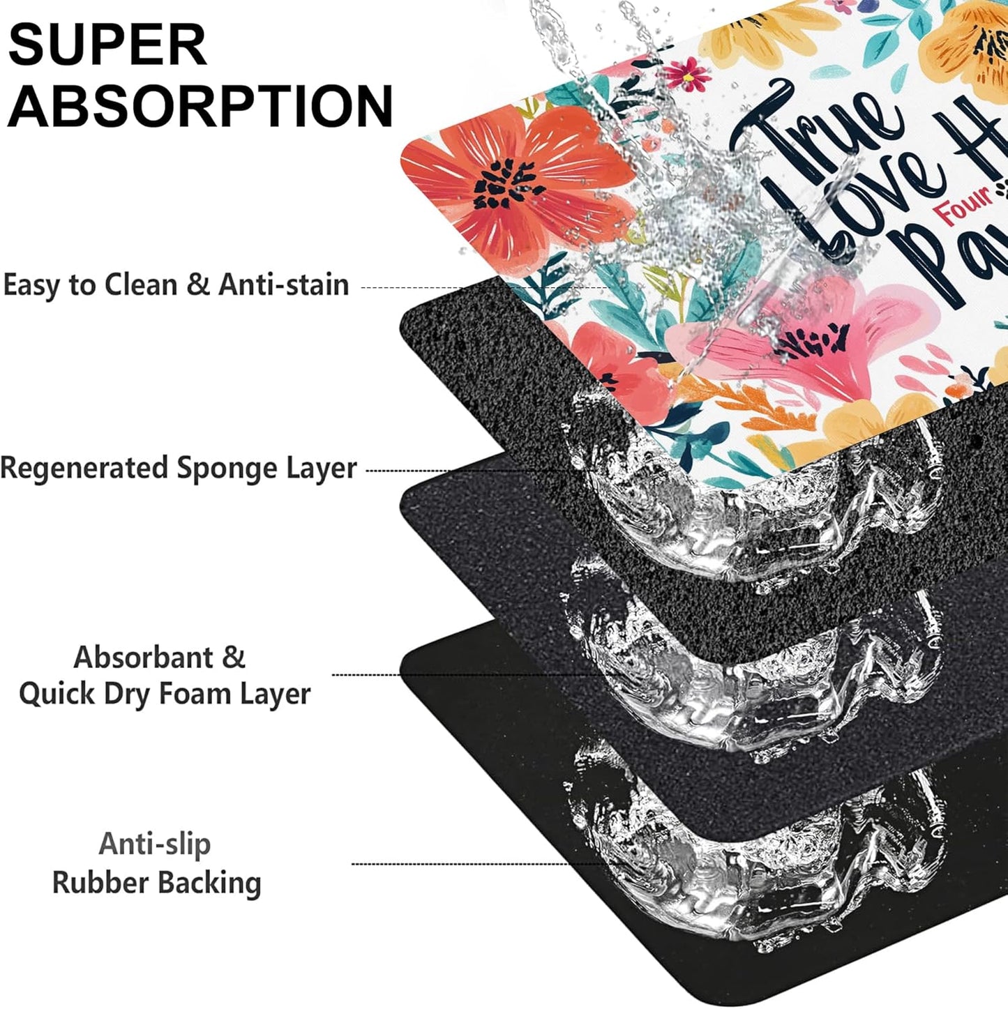 True Love Floral Dog Cat Food Mat-Absorbent Placemat for Food and Water Bowl, Waterproof Non Slip Rubber Backing Dog Food Mats for Floors, Pet Supplies 12 * 20 inch