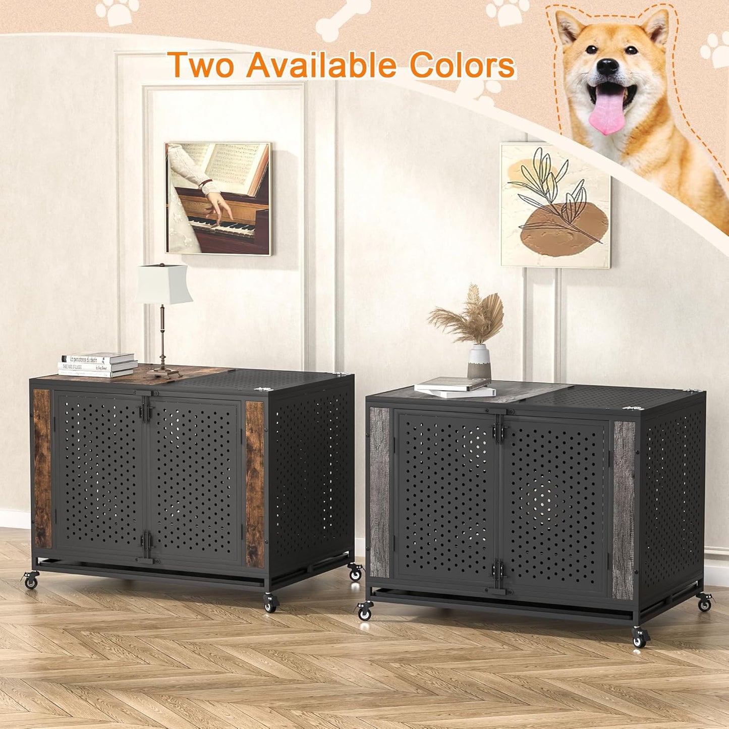 42" Heavy Duty Dog Crate Furniture for Large and Medium Dogs, Enclosed Design with 0.5 inch Holes, Indestructible Metal Kennel for High Anxiety Dogs, Chew Proof Pet House Cage Indoor, Brown