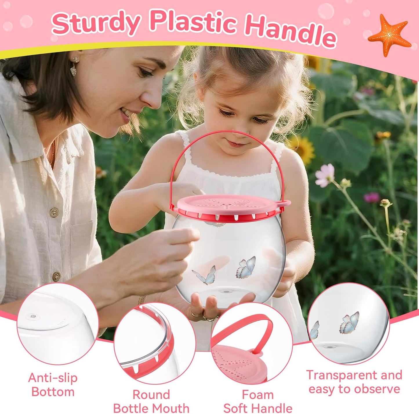 Saillong Catch and Release Plastic Small Bowl Kit, Portable Clear and Transparent Fish Bowl for Ocean Adventure, 0.8 Gallon Outdoor Cartoon Starfish Bucket Kit Ideal for Pool and Lake, Beach