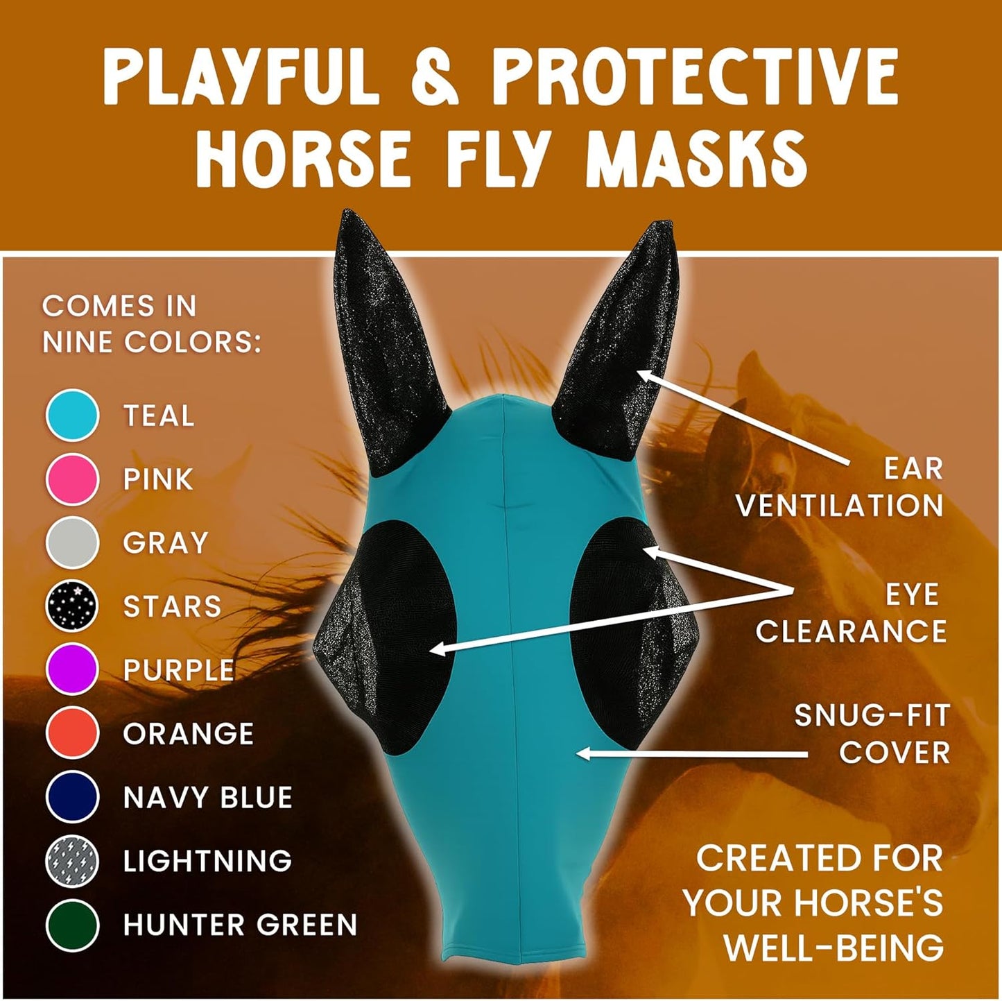 Horse Fly Mask - Arab Equine Fly Mask with Full Coverage for Eye & Ear - Stretchable UV & Sun Protection Flymask for Horses, Ponies & Mini Horses - Horse Face Cover for Pasture & Trail - Lightning