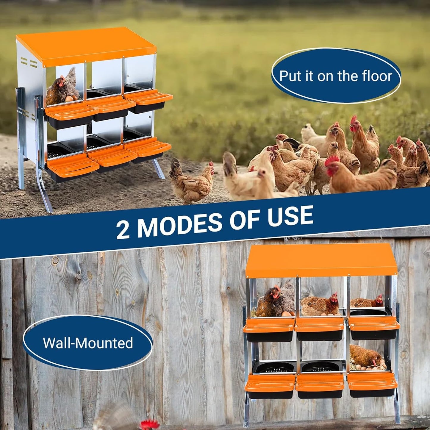 Chicken Nesting Box, 6 Hole 2 Layer Hen Nest Boxes with Legs, Roll Away Eggs Laying Boxes,Cleanable Pull Out Hen Roosting Boxes