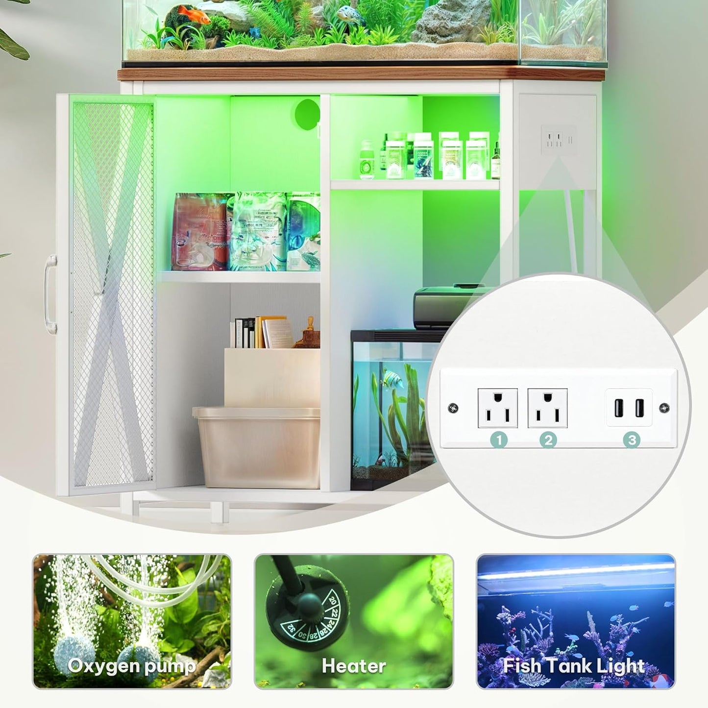 YITAHOME Fish Tank Stand with Power Outlets & LED Light, 20-29 Gallon Metal Aquarium Stand with Cabinet for Fish Tank Accessories Storage for Turtle, Reptile Terrarium, 350LBS Capacity, White