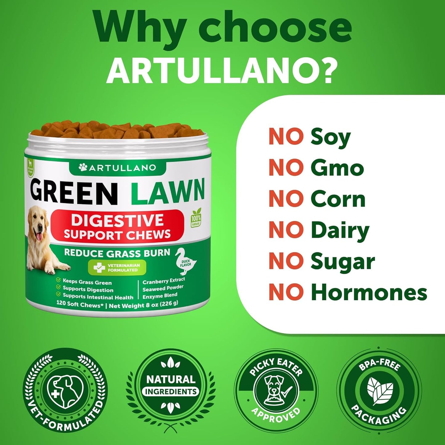 Grass Burn Spot Chews for Dogs - Pee Lawn Spot Saver Caused by Dog Urine - Grass Treatment Rocks - Urine Neutralizer for Green Lawn - Chewable Probiotics, Digestive Enzymes, DL-Methionine - 120 Treats