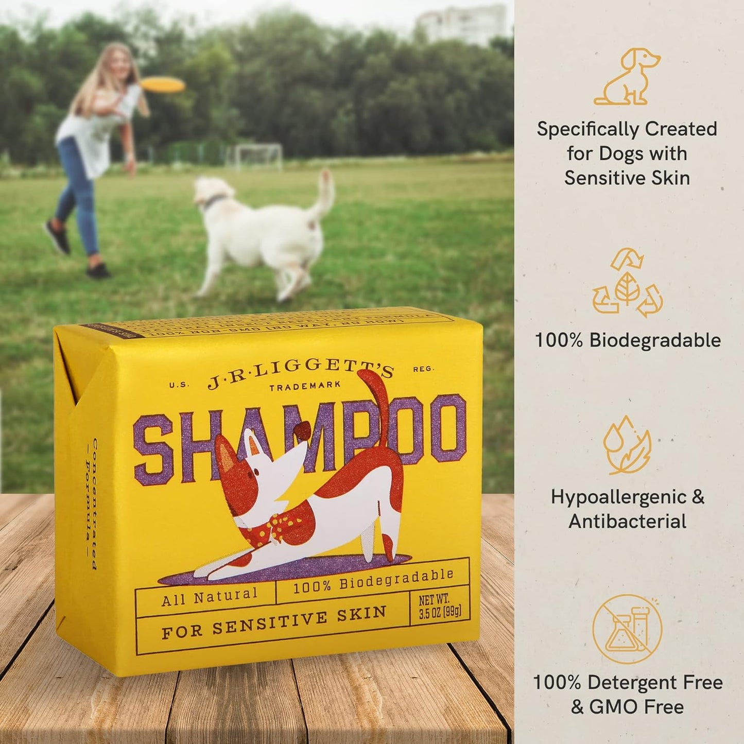 JR Liggett’s Natural Dog Shampoo Bar for Sensitive Skin - 100% Detergent Free, Non-GMO & Biodegradable - Tear-Free, Hypoallergenic Formula Soothes Dry Itchy Skin - Safe for Puppies - 3.5 oz Bar