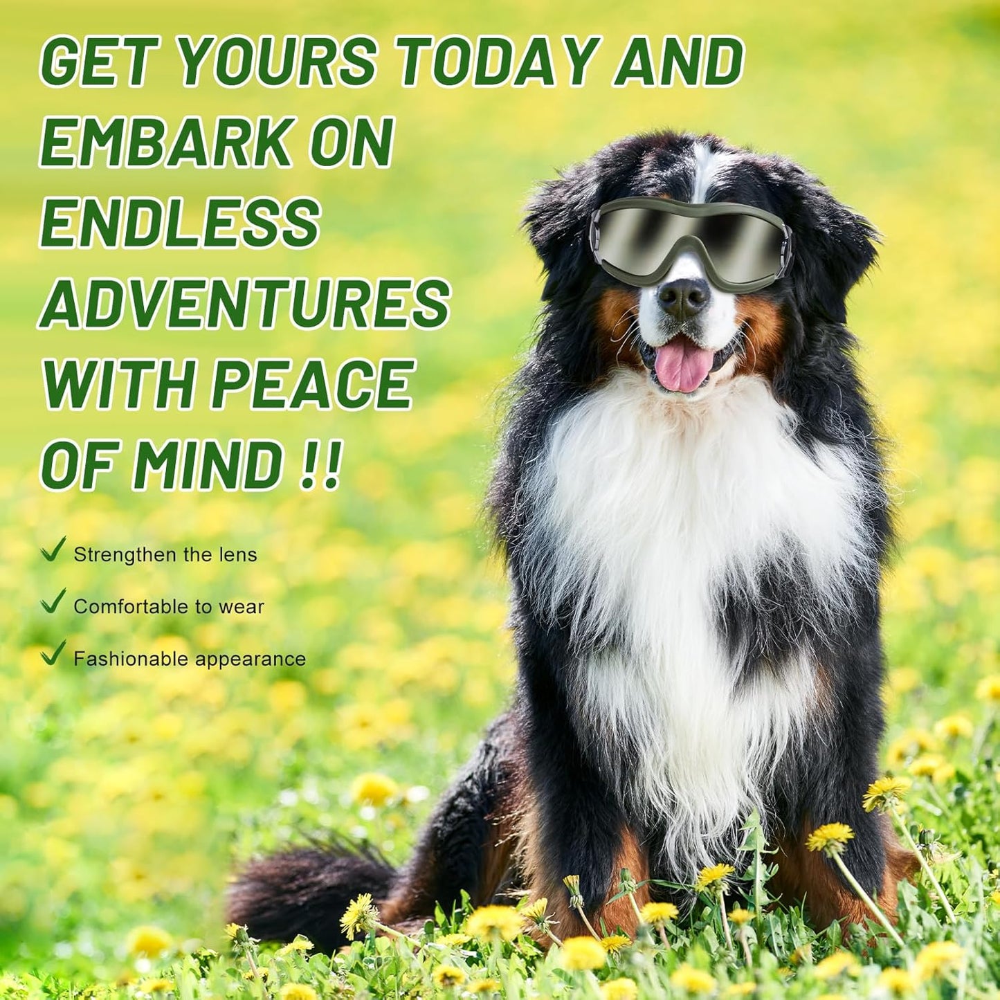 NVTED Dog Sunglasses Goggles, UV Wind Dust Fog Protection Pet Glasses Eye Wear Protection with Adjustable Strap for Medium or Large Dog (Green)