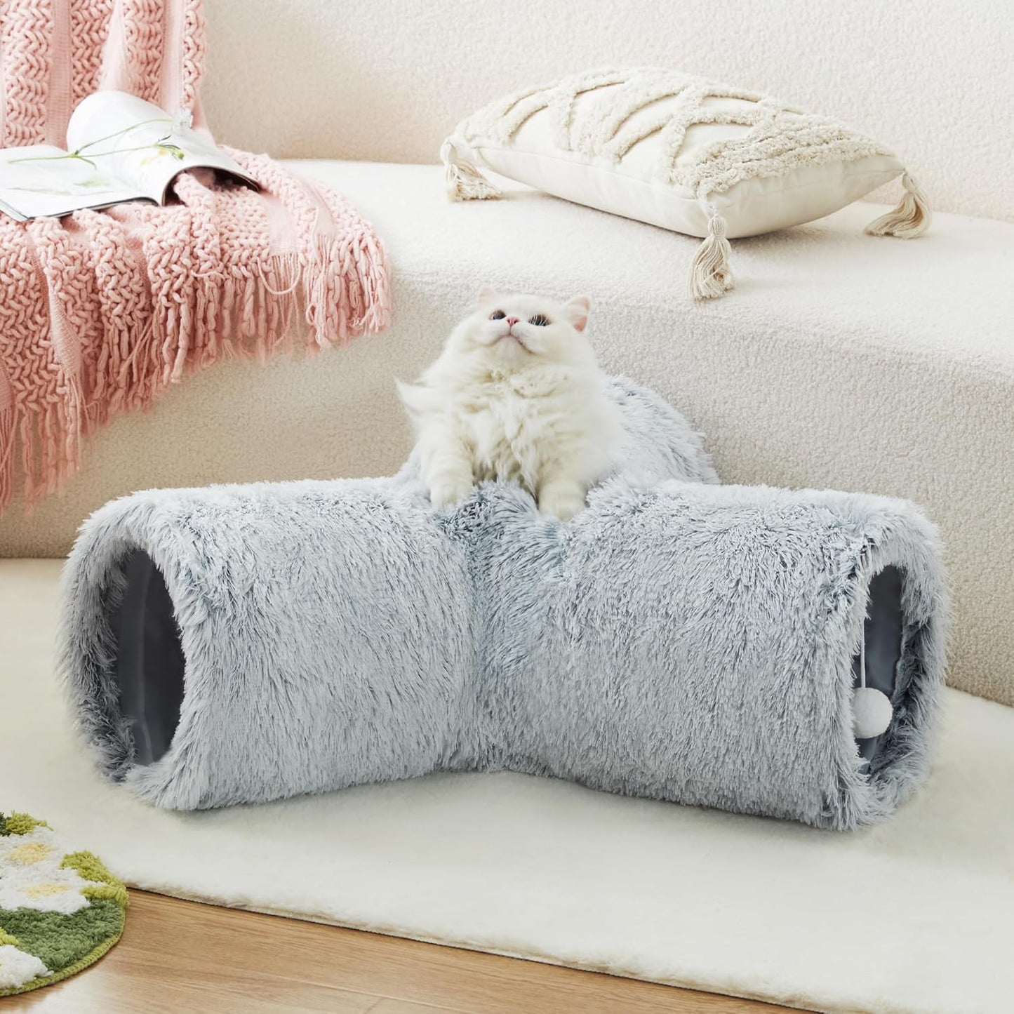 Tempcore Plush Pet Cat Tunnel Tube Cat Toys 3 Way Collapsible, Tunnels for Indoor Cats,Kitty Tunnel Bored Pet Toys Peek Hole Toy Ball Puppy, Kitty, Kitten, Rabbit Light Grey