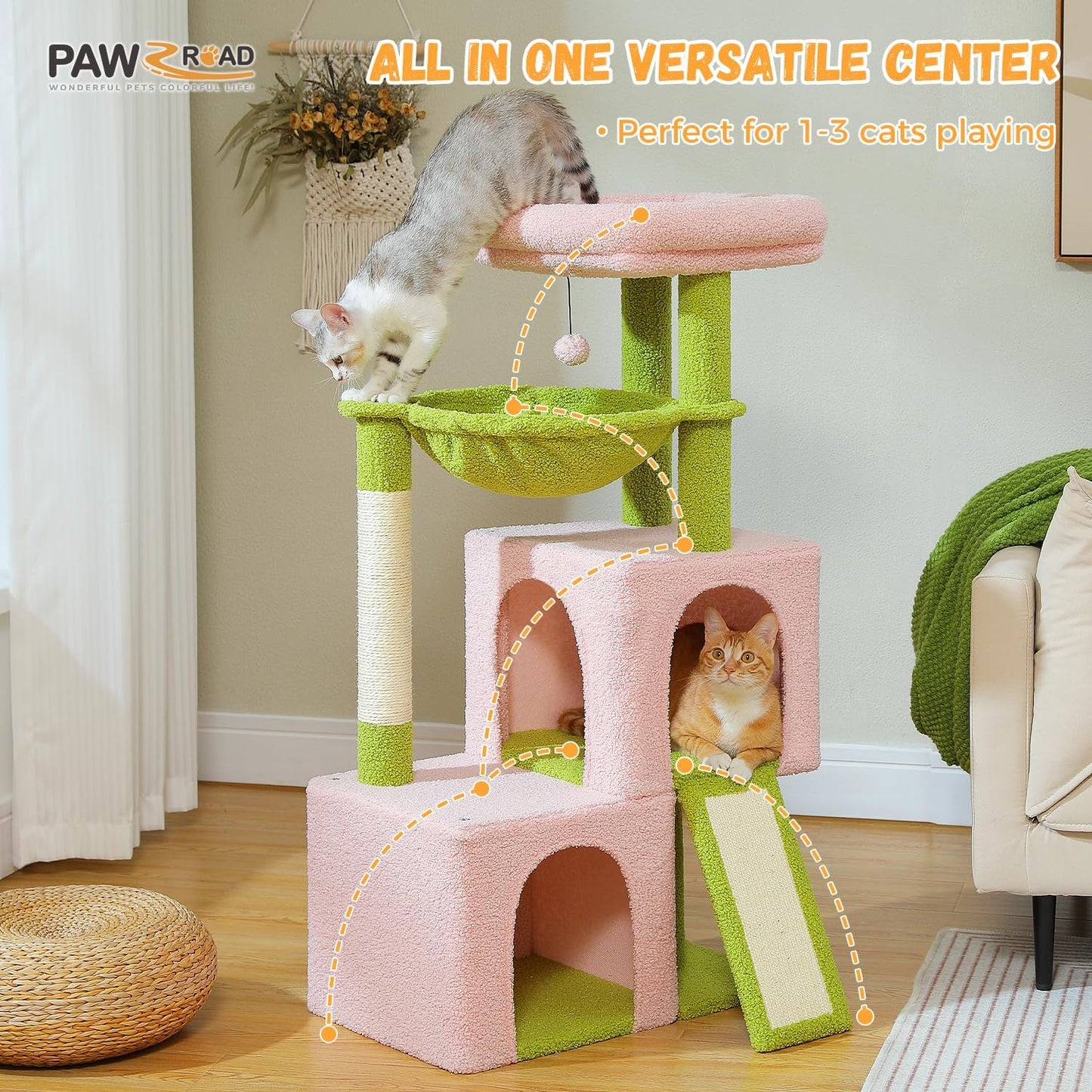 PAWZ Road Large Cat Tree, 41 Inches Multi-Level Cat Tower with 2 Spacious Condos for Large Indoor Cats, Pink Flower Cat House with Comfy Hammock, Padded Perch, Scratching Pad and Replaceable Balls