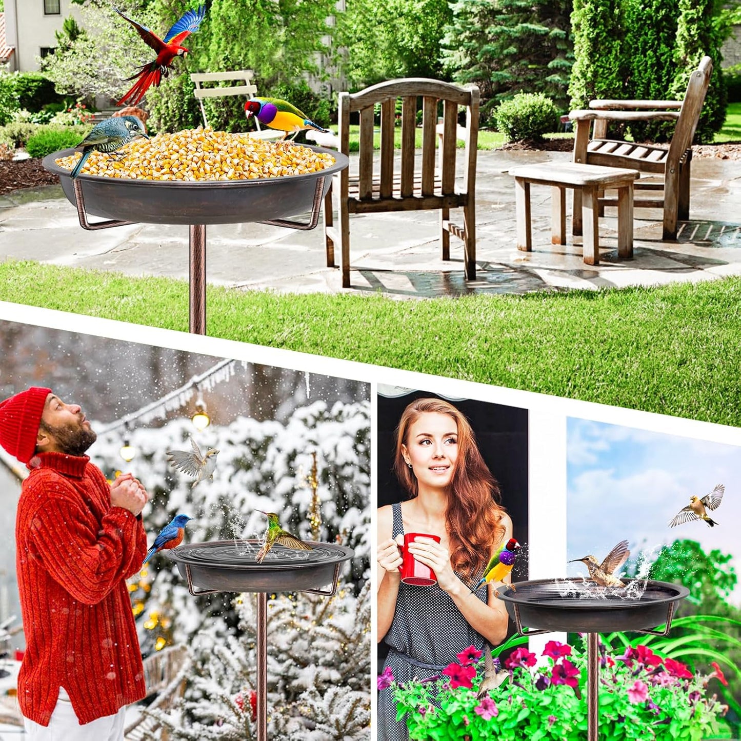 Metal Bird Bath for Outside Garden Birdbath Bowl, 36.2" Height Freestanding Bird Feeders for Outdoors with 4 Prongs Base Stake, Standing Birdfeeders for Yard Lawn Decor (Retro Copper)