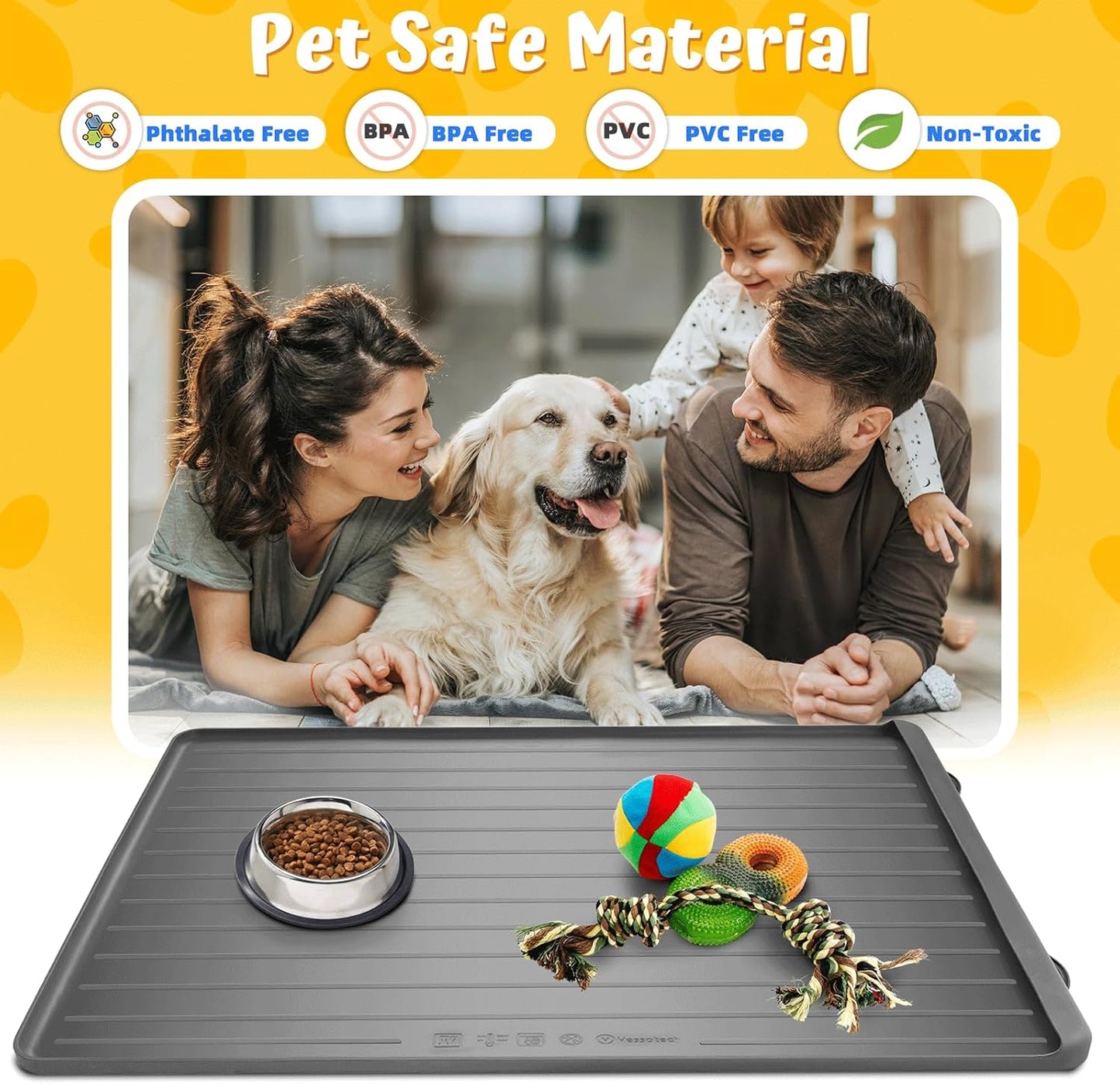 Dog Feeding Mat - 39''x27'' Large Silicone Pet Food Mats with Residue Collection Pocket and High Edges, Floors Waterproof Dog Cat Bowl Mat Prevent Water Food Spills, Light Grey