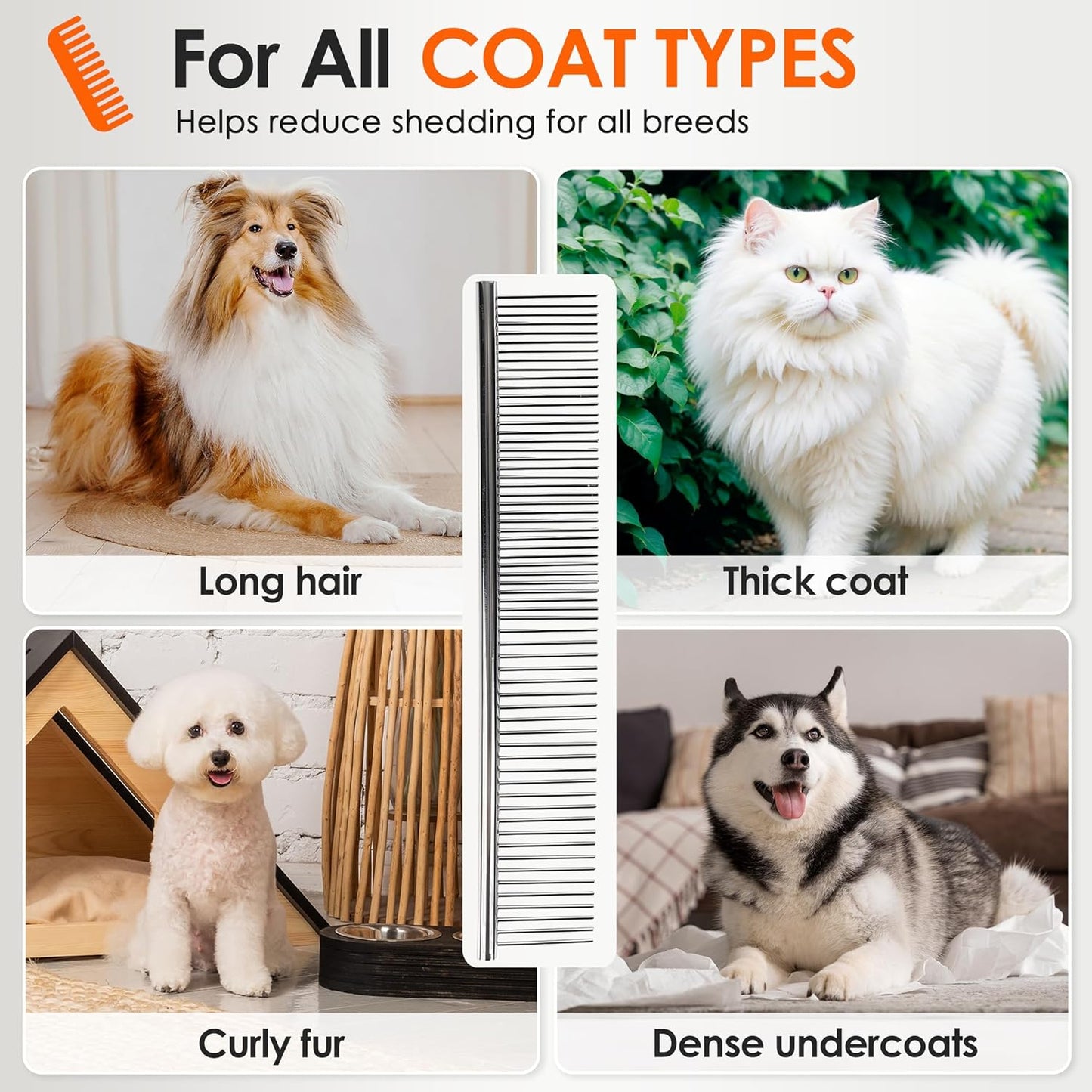 Dog Comb to Remove Tangles and Knots, Cat Comb with Stainless Steel Teeth and Non-Slip Handle, Dog combs for grooming matting for Long Haired Pets (Small)