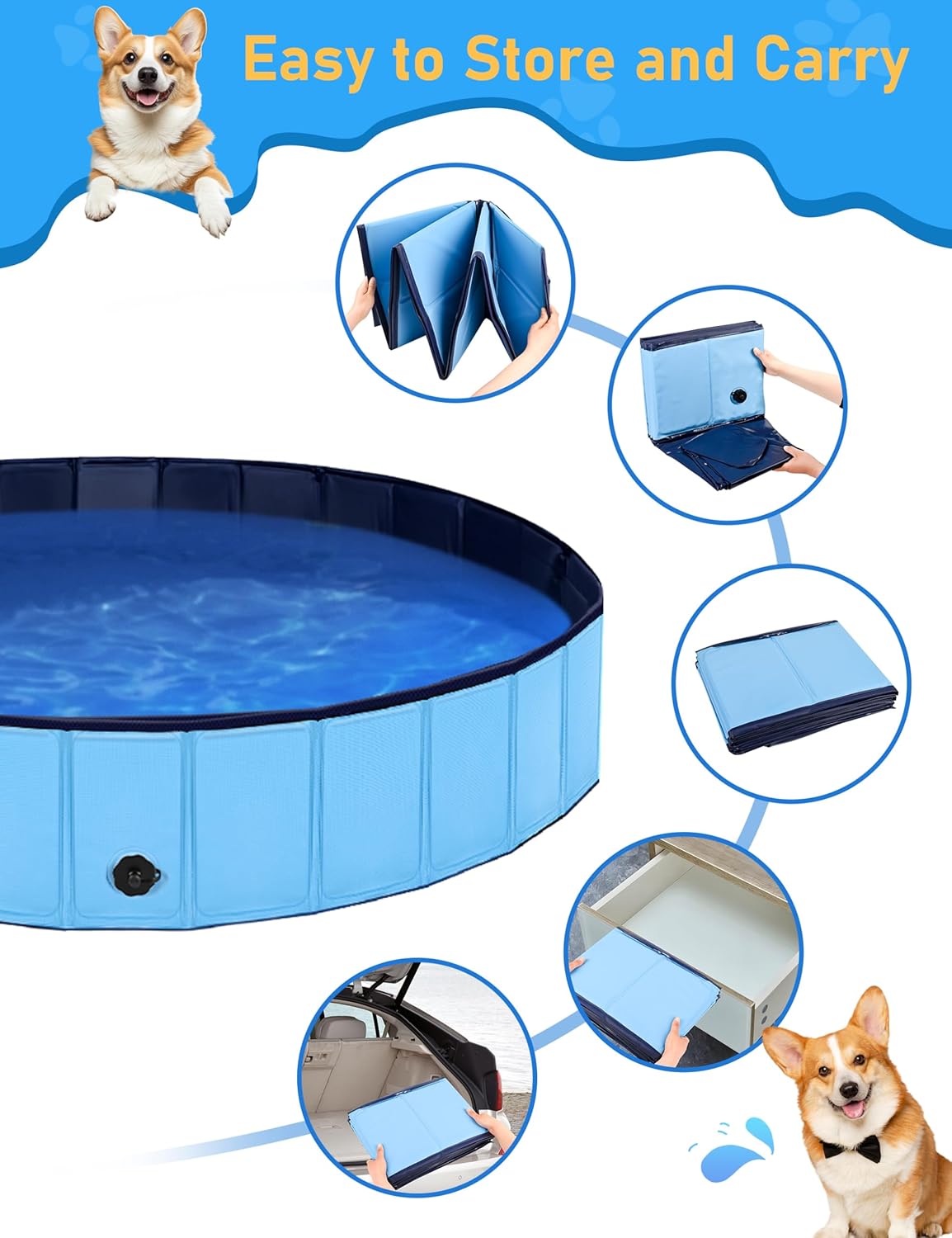 Foldable Dog Pool, Lexda Hard Plastic Shell Pet Swimming Pools for Large Dogs, Collapsible Plastic Pet Pool, Portable Bathing Tub for Dogs (79x12inch)