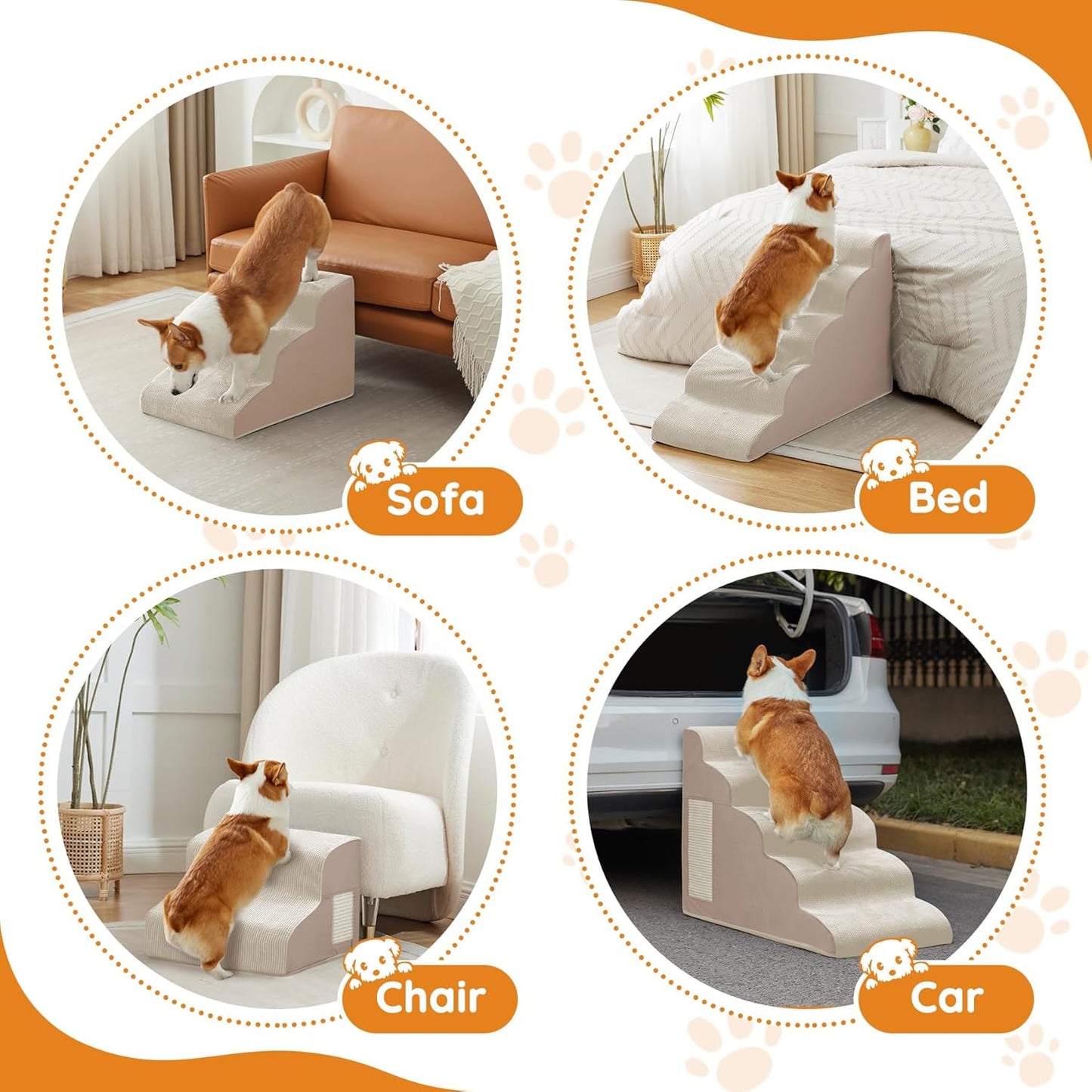 Pet Stairs for Small Dogs - 3-Step Curved Dog Ramp for Bed, Couch, Sofa, Car and Chairs - Non-Slip Bottom Design - Cat Scratching Board - High Density Foam Portable Pet Step - Beige