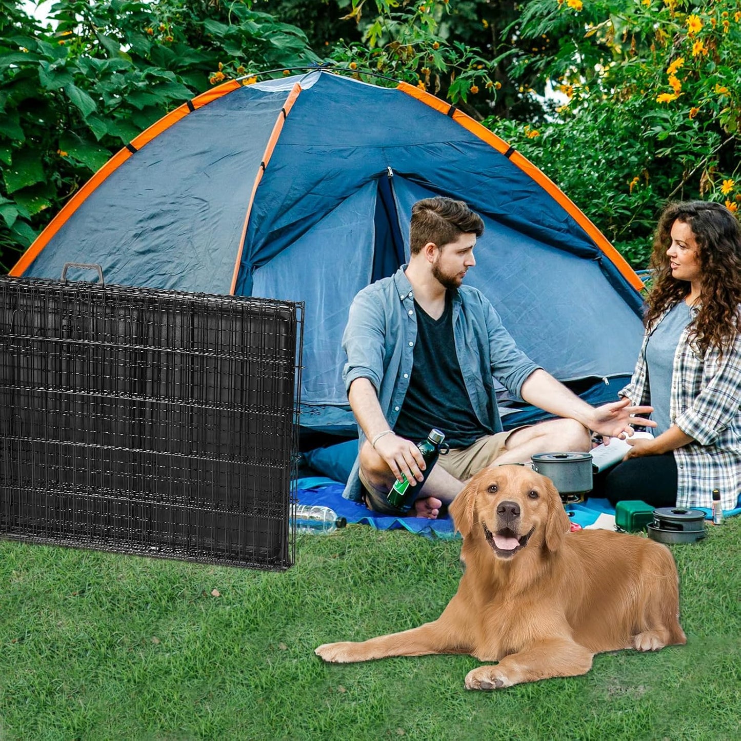 48 Inch Dog Crate Dog Cage for Extra Large Dogs with Divider Panel, Metal Cages with Double Door, Leak-Proof Pan Tray, Folding Portable for Indoor Outdoor Travel