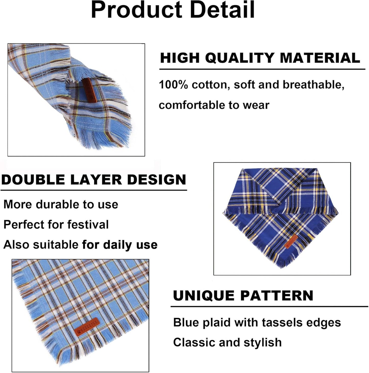 ADOGGYGO Dog Bandanas Boy with Tassels Edges, Stylish Blue Plaid Pet Scarf, Soft Cotton Fabric, Adjustable Reversible Plaid Bandanas for Extra Large Dogs (X-Large)