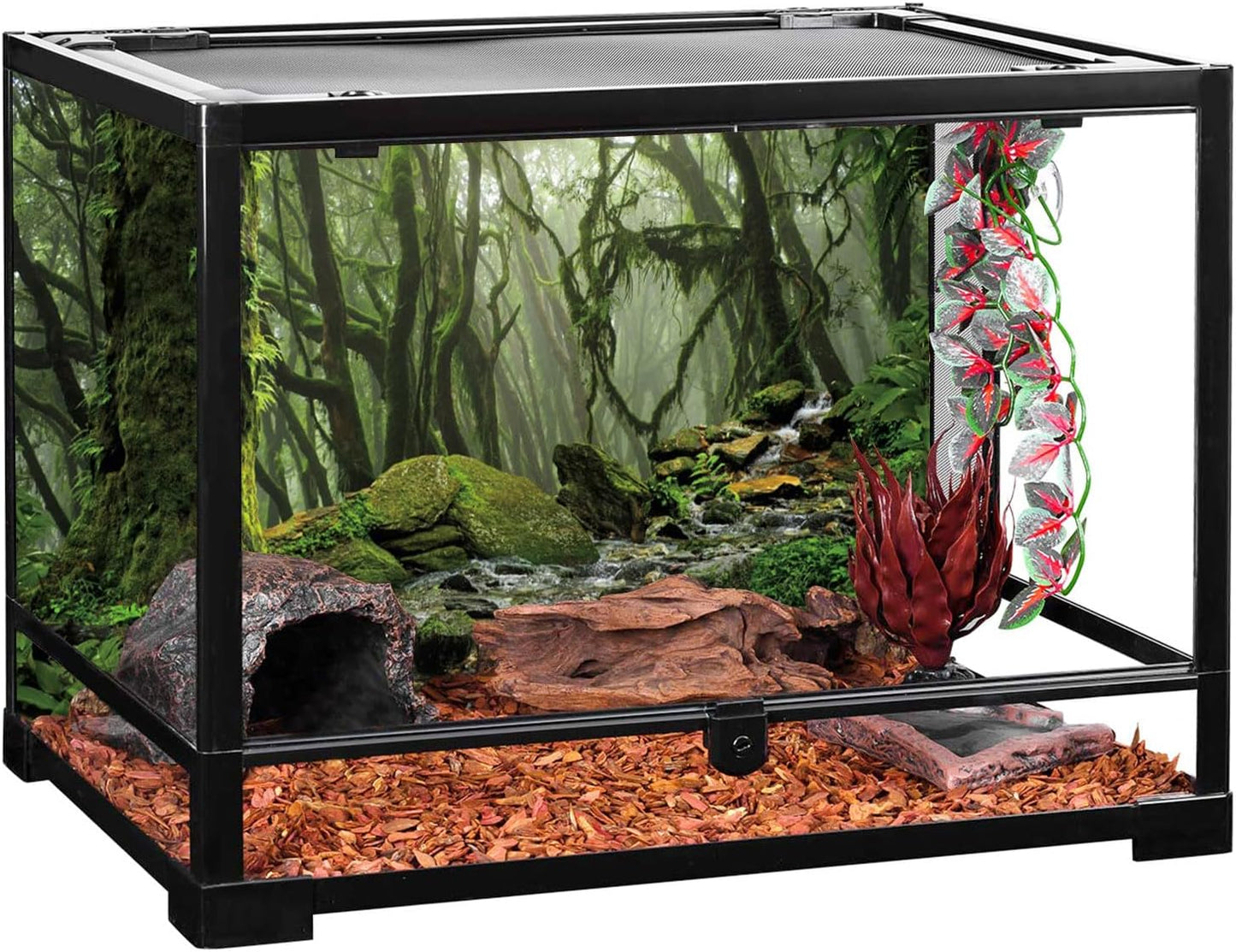 AWERT Foggy Forest Terrarium Background Stream Green Huge Tree Reptile Habitat Background Tropical Rainforest Aquarium Background 24x12 inches Durable Polyester Background