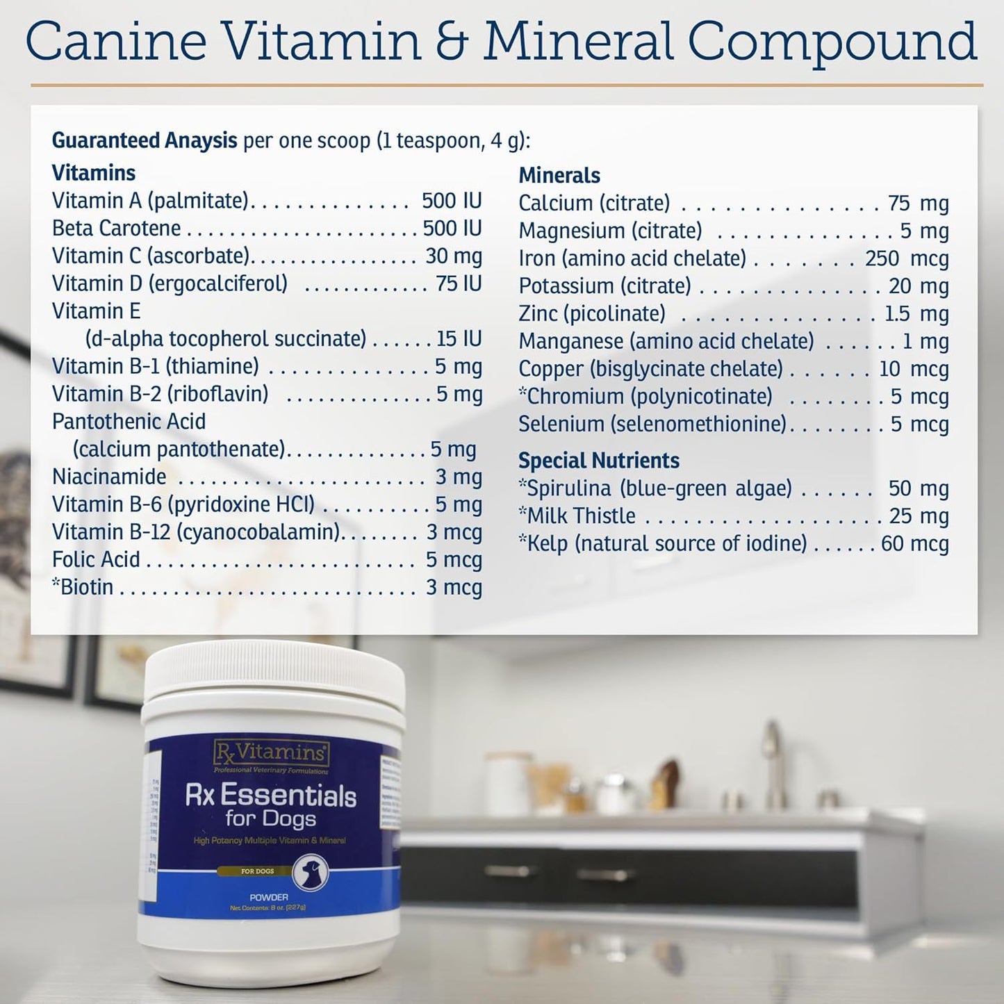 Rx Vitamins Essentials for Dogs - Daily Vitamins & Minerals - with Blue Spirulina, Kelp Powder, and Milk Thistle - Complete Canine Vitamins and Essential Minerals Powder - 8 oz