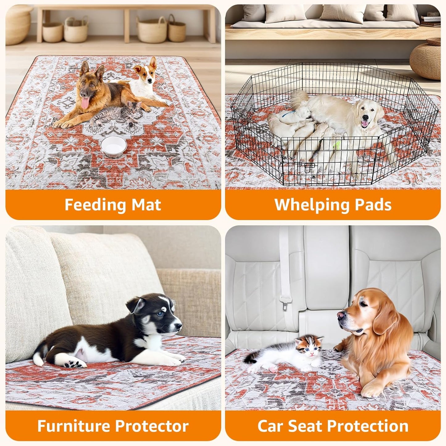 LOOBANI Reusable Pee Pads for Dogs, 1 Pack Super Absorbent Washable Puppy Pee Pads, Waterproof Non-Slip Whelping Pad for Floor Playpen Crate Couch-65 x48 (Red-Orange)