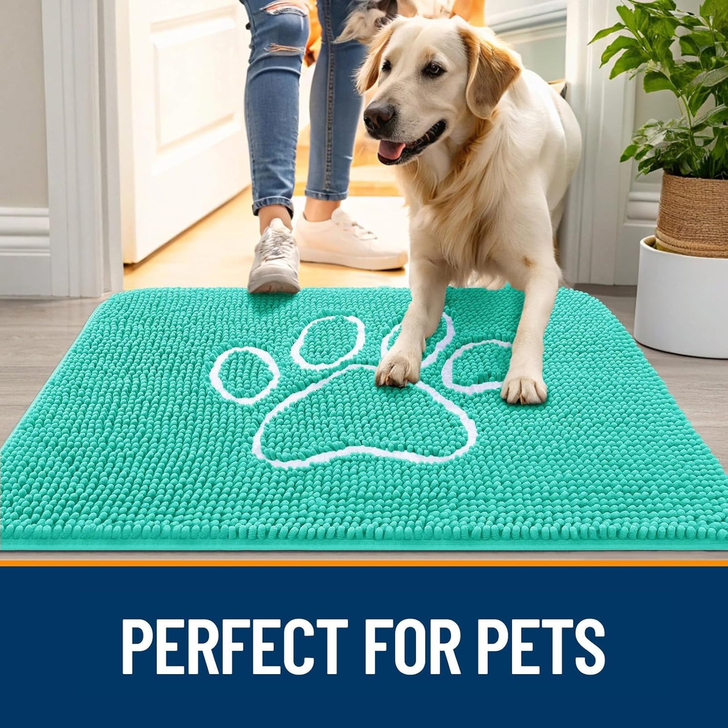 OLANLY Door Mat for Muddy Dog Paws 40x32, Ultra Absorbent Chenille Mud Doormat with Paw Print Design, Non-Slip Washable Doormat for Indoor Entryway, Quick-Dry Pet Bed Mats for Dirty Dogs, Teal