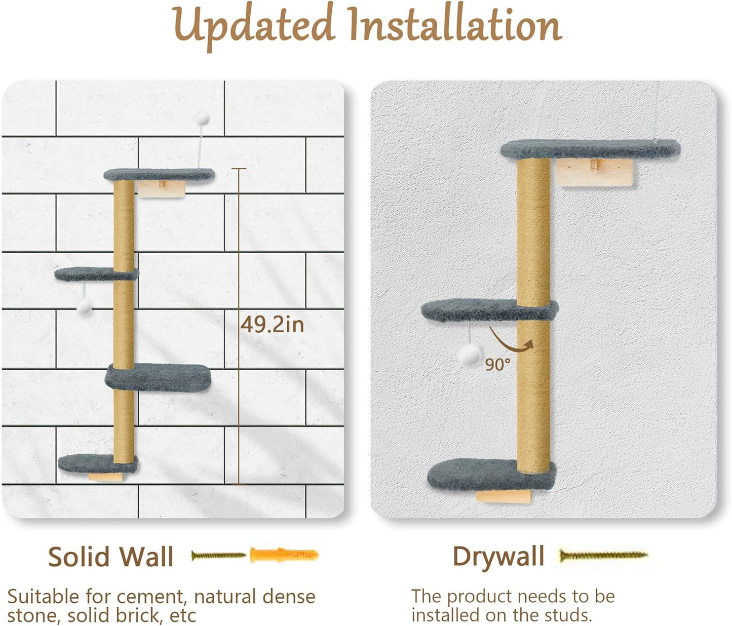 Wall Mounted Cat Wall Shelves and Climbing Tree for Kittens, 4-Tier Adjustable Cat Furniture for Indoor Cats Under 30lbs, with Grey Plush Platforms