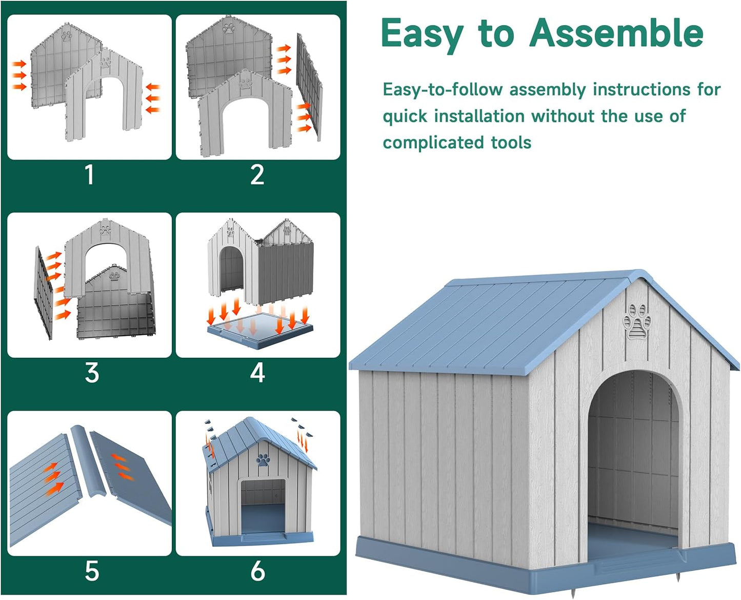 DRATO Indoor Outdoor Waterproof Dog House,PP Material,Puppy Shelter with Air Vents and Elevated Floor,Sturdy Dog Kennel for Small to Large Sized Dogs, Easy to Assemble (Blue, 38.62×36.26×38.07 Inches)