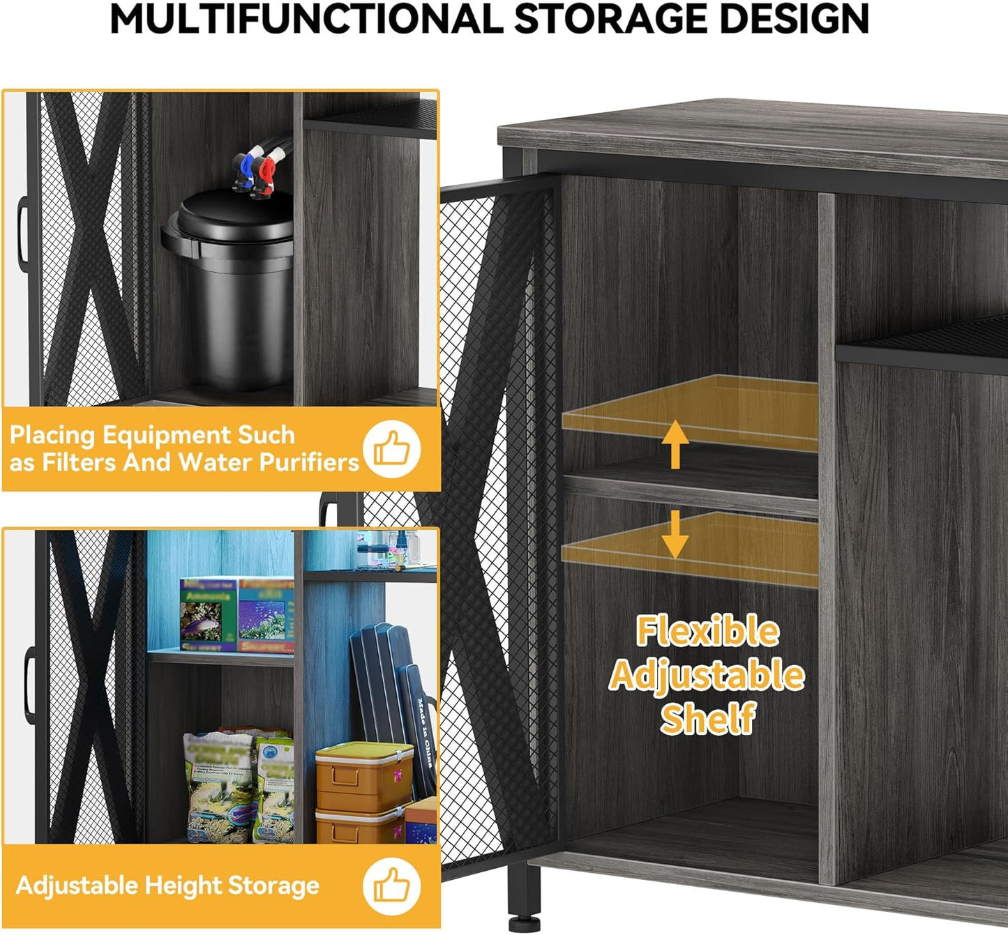 DWVO 40-50 Gallon Aquarium Stand with Power Outlets & LED Light, Cabinet for Fish Tank Accessories Storage - Metal Fish Tank Stand Suitable for Turtle, Reptile Terrarium, 660LBS Capacity, Grey