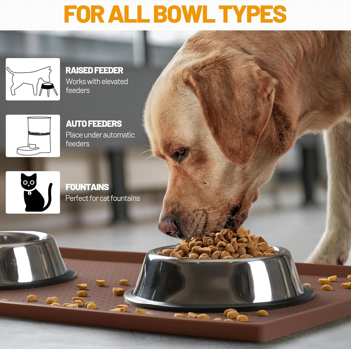 Hubulk Dog Feeding Mat,100% Waterproof Food Grade Silicone Pet Food and Water Bowl Placemat,Dishwasher, High Raised Edge to Prevent Spills,Nonslip Tray to Stop Messes on Floor(19"x12"x0.5", Brown)