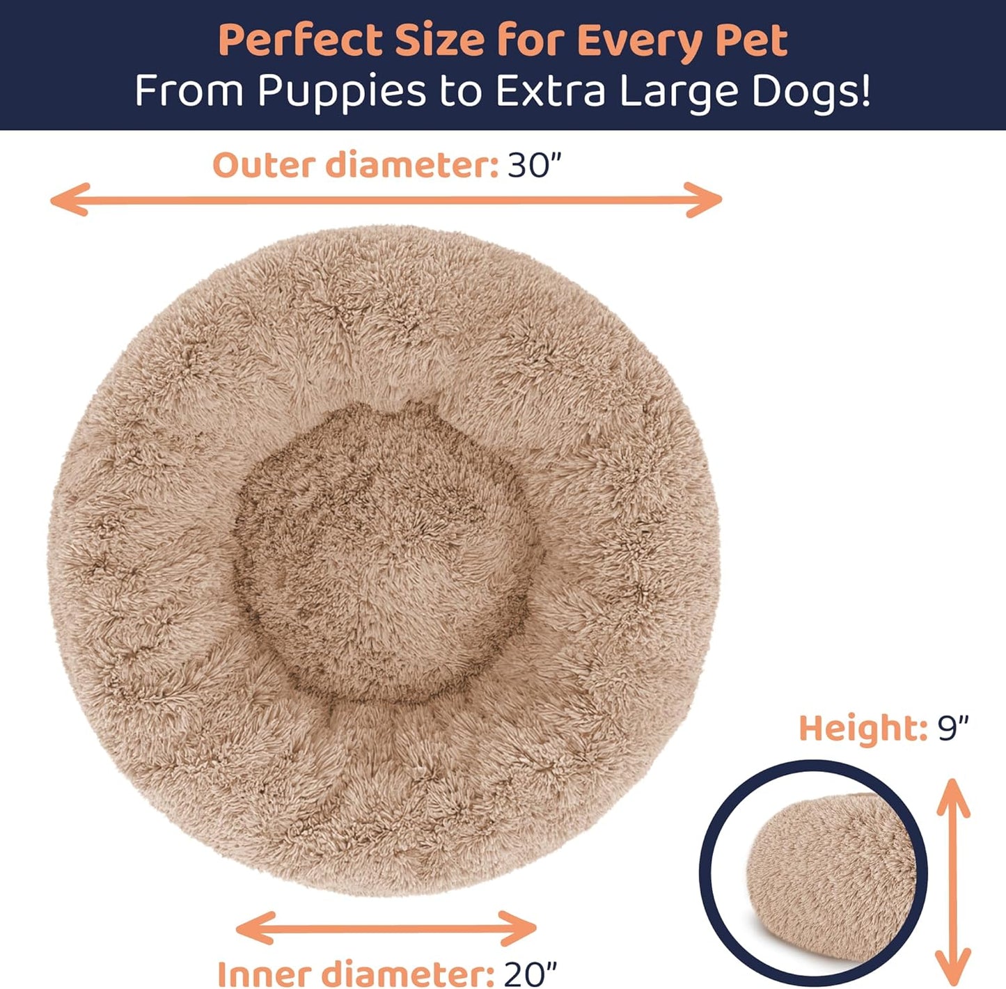 Donut Dog Bed - Premium Comfort for Anxiety Relief - Fluffy & Calming Design with Ultra-Plush Support | Cozy Round Dog Bed with Super Soft Circle Style (Size M Camel)
