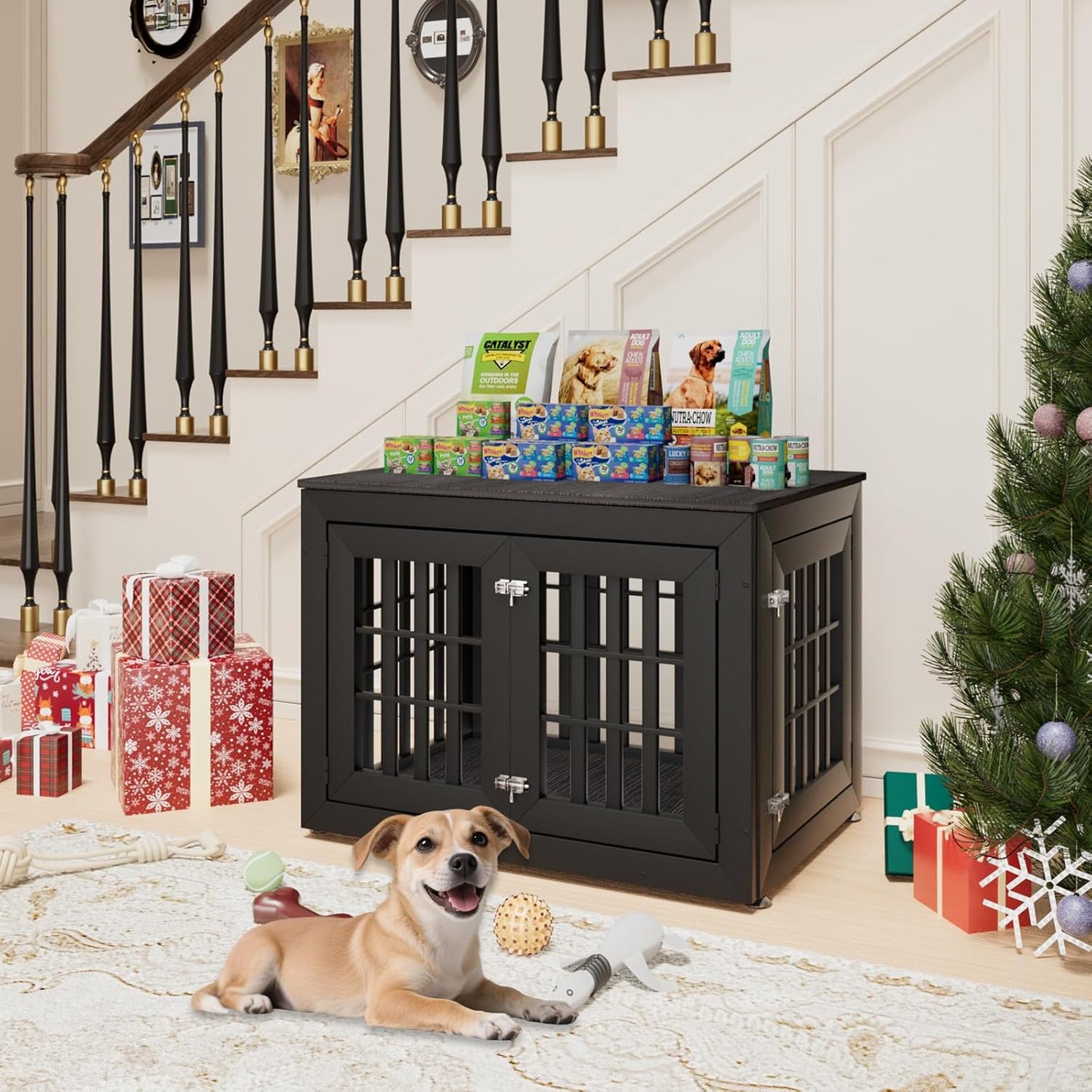 38" Heavy Duty Dog Crate Furniture for Small,Medium and Large Dogs,Rustic Wooden Dog Cage Kennel Indoor Furniture with Waterproof Top,Decorative Pet House Side End Table (Black & Grey)