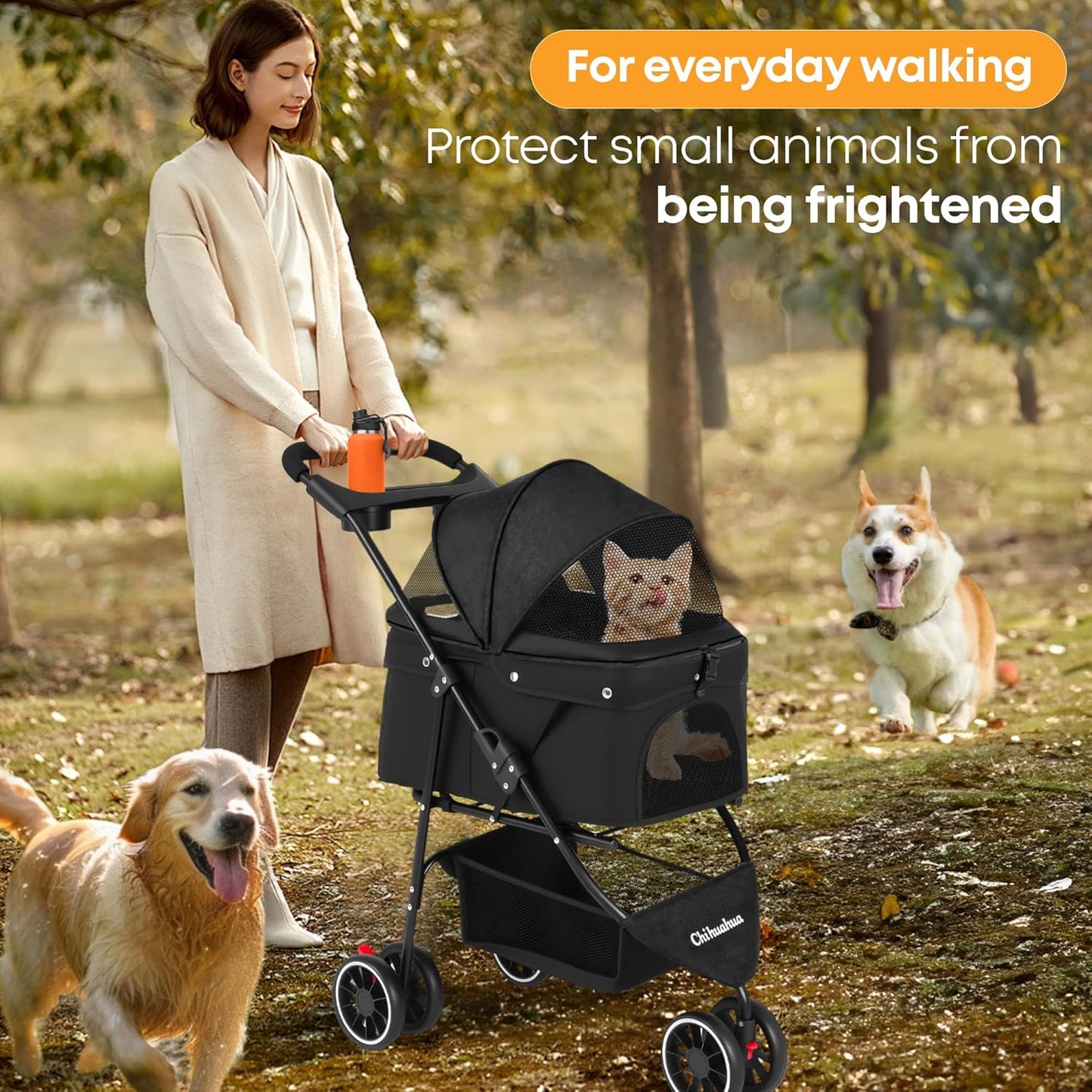 Pet Stroller,Dog Stroller for Small Medium Dogs Cats,3 Wheels,Foldable,with Breathable Mesh Canopy,Cup Holders,Easy Assembly,Black