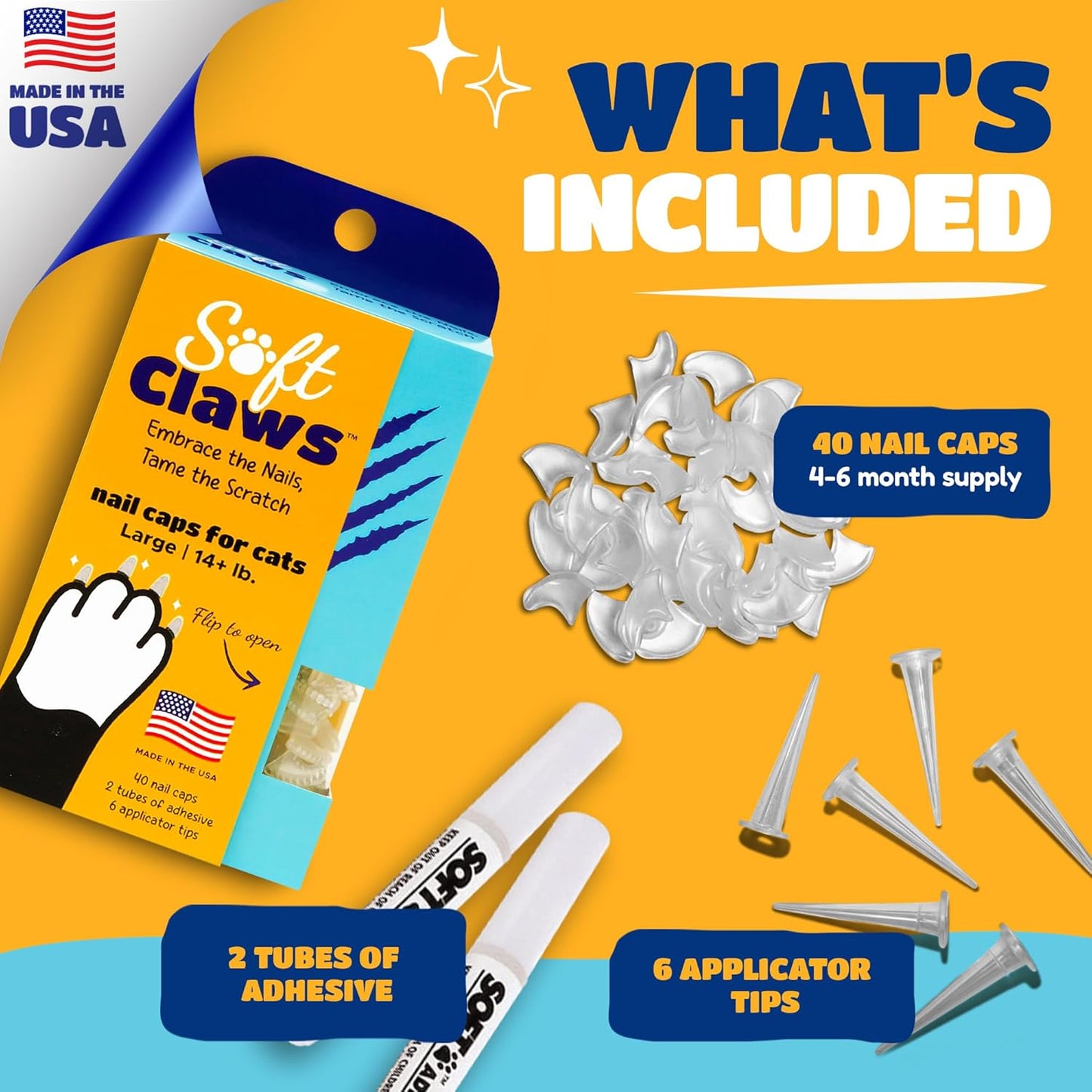 Soft Claws Cat Nail Caps for Large Cats – (40 Caps, Blue) - Made in USA - Veterinarian-Developed | Protects Furniture & Skin - Easy to Apply, Long-Lasting Anti-Scratch Soft Cat Claw Covers.