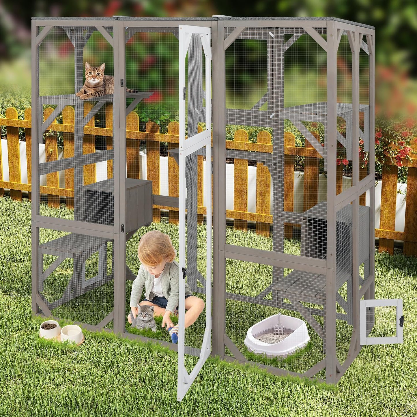 Catio Outdoor Cat Enclosure Cat House, Large Wooden Walk-in Cat Cage Condo Indoor Playpen with Multi Platforms, Flat Roof, and 2 Resting Box (Grey, 70.9" L x 36.5" W x 70.9" H)