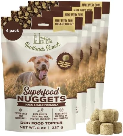 BADLANDS RANCH Superfood Nuggets- Premium, Freeze-Dried raw Dog Food Topper or Treat. Powerful Nutrient-Dense Ingredients. No Artificial additives. Duck and Kale Formula 8oz - 4pk Bundle