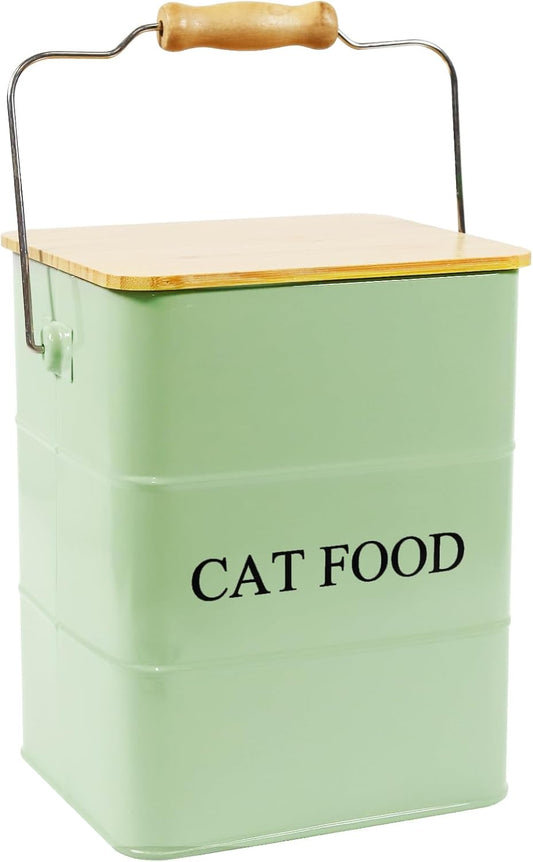 Cat Food storage container Cat Treats Jar,5~6 lb Metal food treats tin for Cat, pet snacks Canisters with wooden lid/handle/sevice scoop-Green