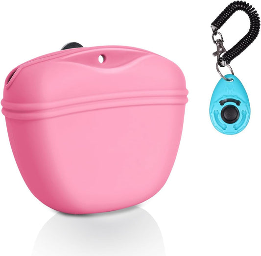 Left&Right Dog Clicker Training Kit,Silicone Dog Training Treat Pouch and Dog Clickers,Dog Treat Bag with Clicker Training for Dogs,Pet Treat Bag with Magnetic Buckle Closing and Waist Clip,Pink