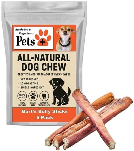 Pets Plus Premium Bart's Bully Sticks for Dogs – 6 Inch, Medium Size, All-Natural, Long-Lasting Chews for Moderate Chewers – High Protein, Low Odor, Grain-Free (5-Pack)