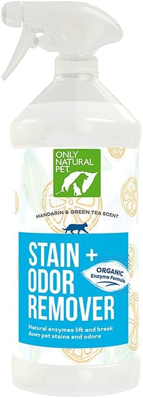 Only Natural Pet Enzyme Powered Stain & Odor Eliminator - Professional Pet Urine Pee Cleaner Deodorizer for Cats - Hardwood Floors Carpets Upholstery - Fresh Mandarin Orange & Green Tea Scent 32Floz