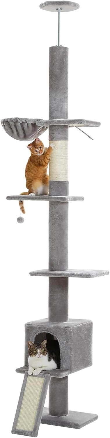 PEQULTI Floor to Ceiling Cat Tree, Tall Cat Tower, Adjustable Height (83''-108'') 5 Levels Climbing Tree for Indoor Cats with Cat Condo, Cozy Hammock and Scratching Post, Grey