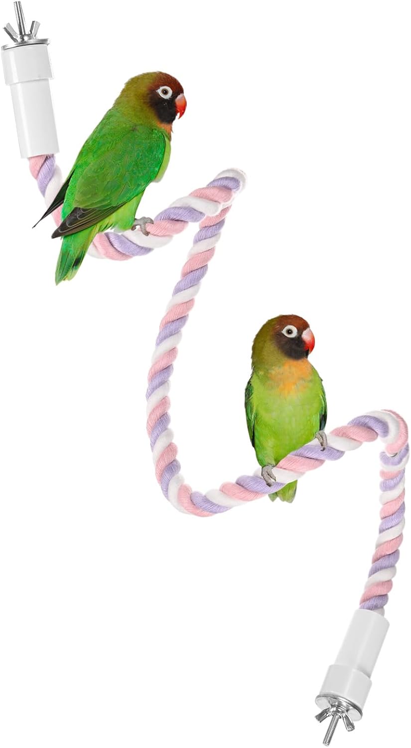 1-Pack Rope Perches for Bird Cages, 31.5 in Length Comfort Grip Flexible Rope Perch Beak & Paw Grinding for Parrots/Cockatiels/Parakeets, Bird Platform Sand [Pink Purple]
